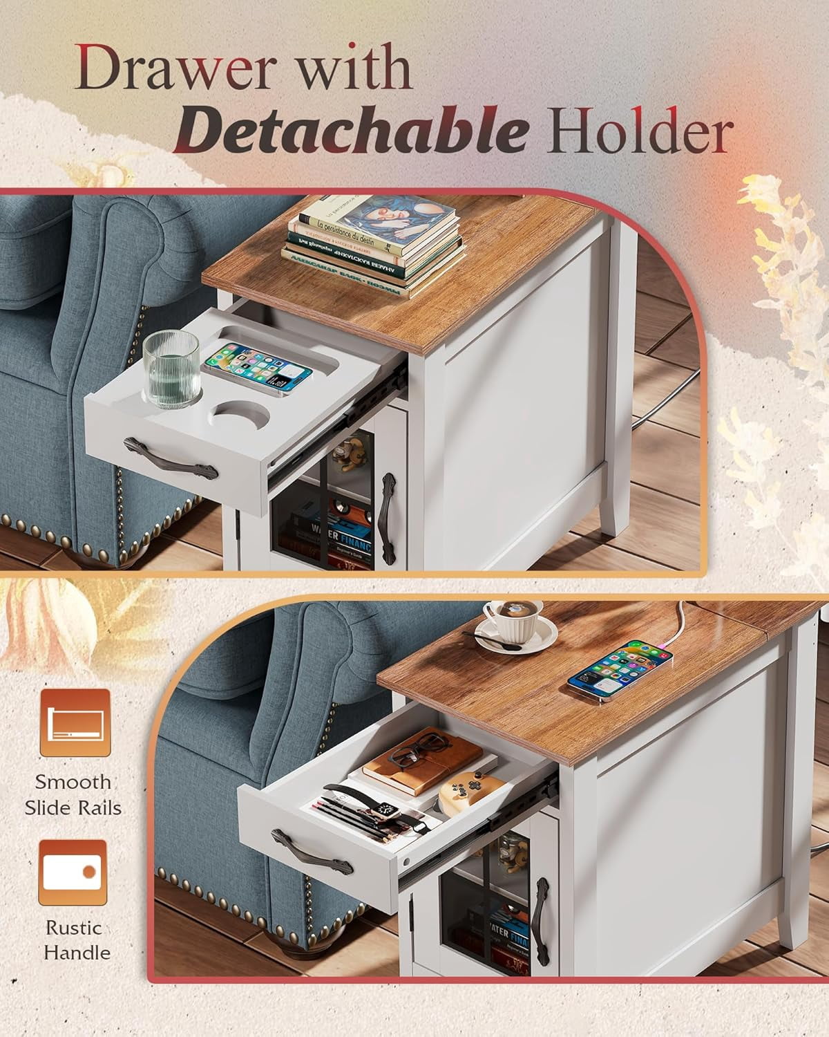 GALAXHERO End Table with Charging Station Narrow Side Table for Living Room with Storage, Small Wooden Cabinet Nightstand with USB Ports and Outlets