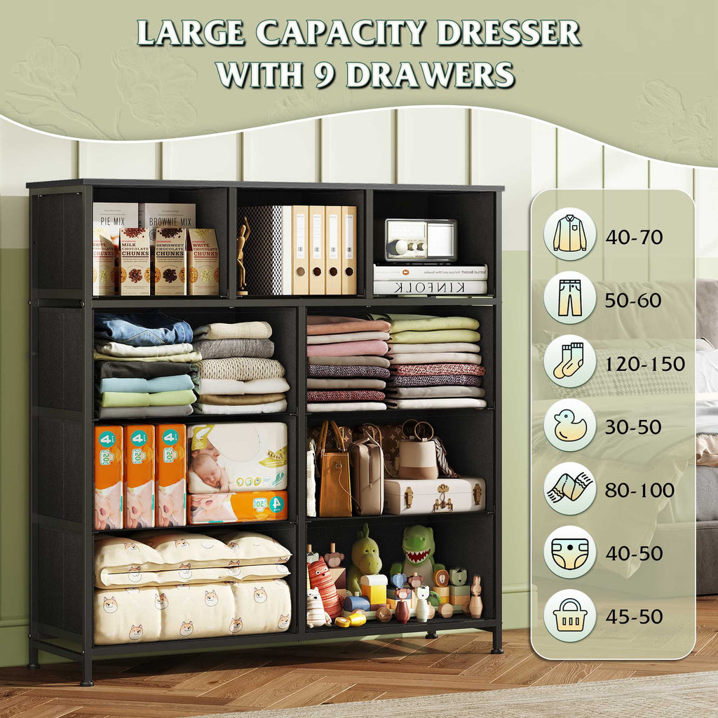 GALAXHERO 9-Drawer Fabric Dresser, Tall Storage Tower for Bedroom, Hallway, Entryway, Closet, Chest Organizer Unit with Fabric Bins, Steel Frame, Wood Top, Wood Grain Print