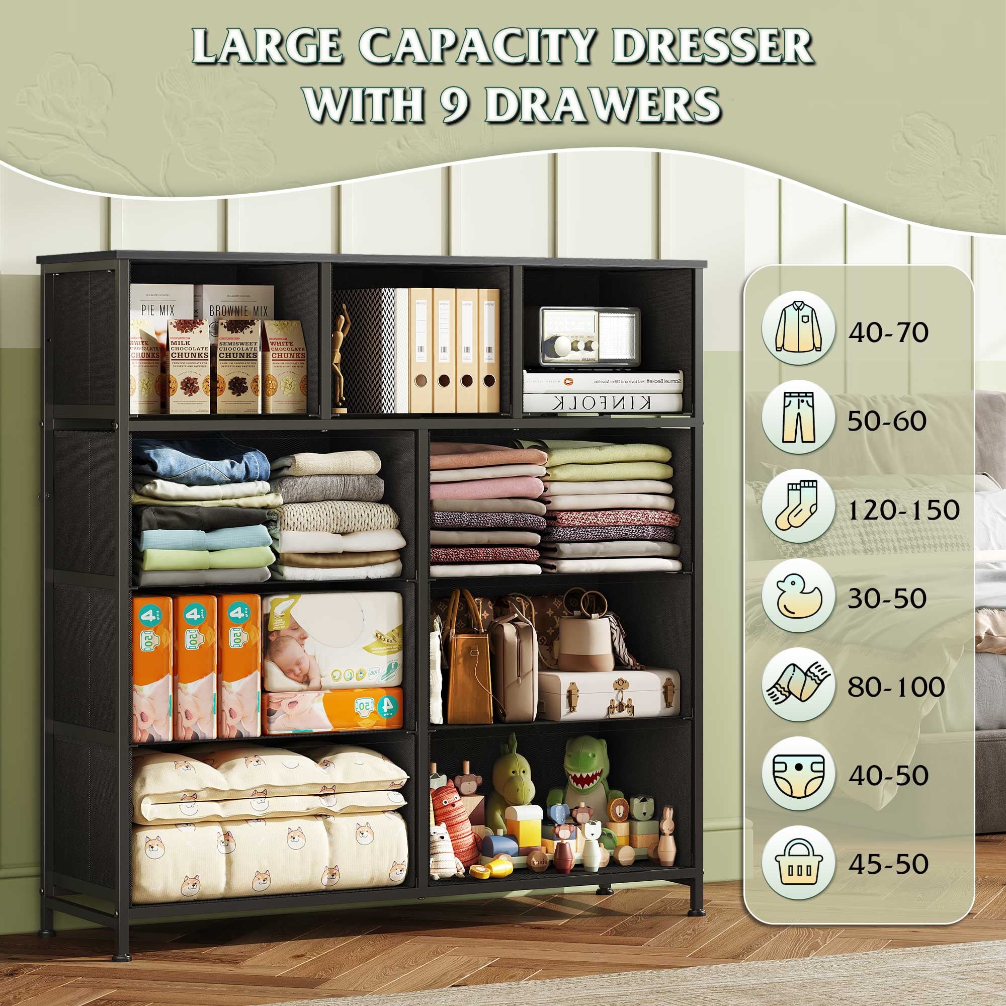 GALAXHERO 9-Drawer Fabric Dresser, Tall Storage Tower for Bedroom, Hallway, Entryway, Closet, Chest Organizer Unit with Fabric Bins, Steel Frame, Wood Top, Wood Grain Print