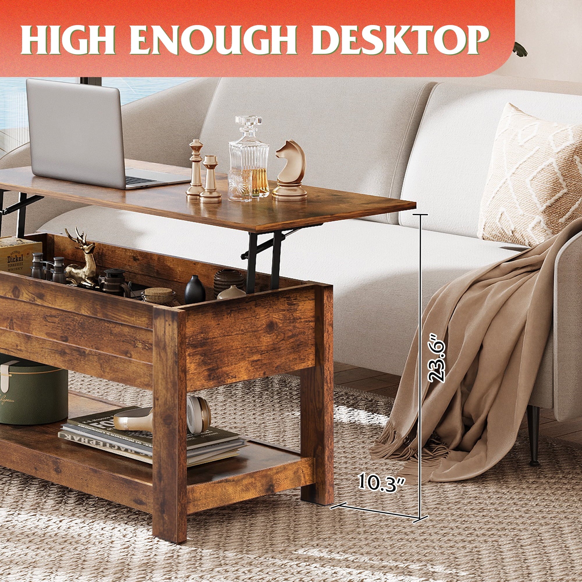 GALAXHERO 39" Lift Top Coffee Table with Hidden Storage and Storage Shelf Lift Up Coffee Table for Living Room