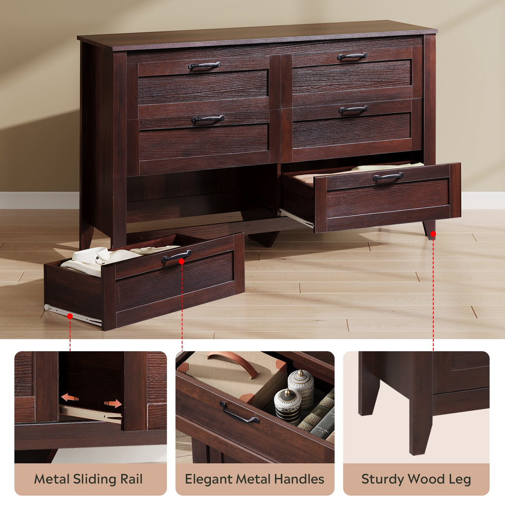 GALAXHERO 6-Drawer Double Wood Dresser - Farmhouse Chest of Drawers with Metal Handles for Bedroom, Living Room, Entryway