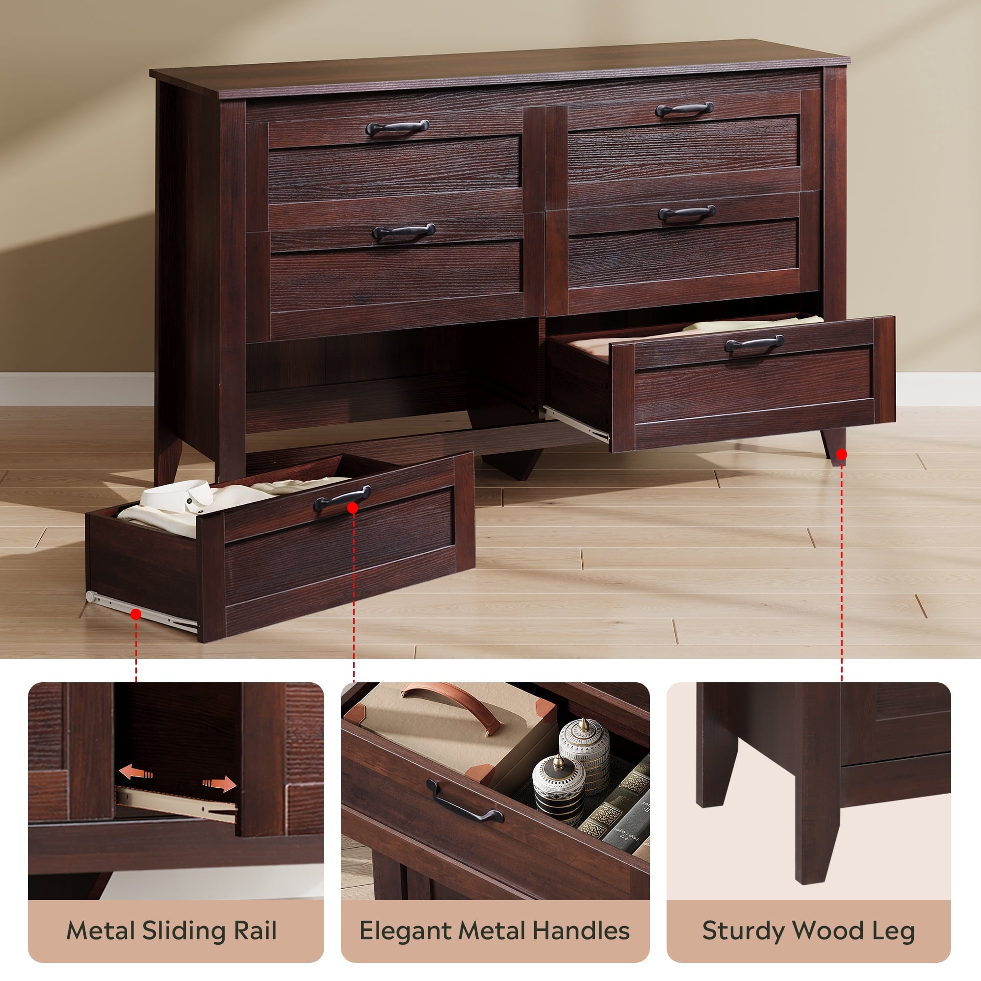 GALAXHERO 6-Drawer Double Wood Dresser - Farmhouse Chest of Drawers with Metal Handles for Bedroom, Living Room, Entryway
