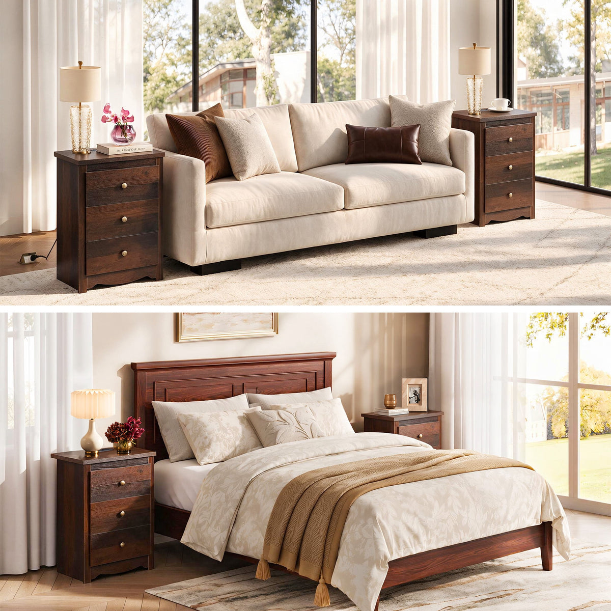 GALAXHERO Nightstand with Charging Station, 3-Drawer Tall Wood Bedside Table & End Table for Bedroom Living Room Dorm