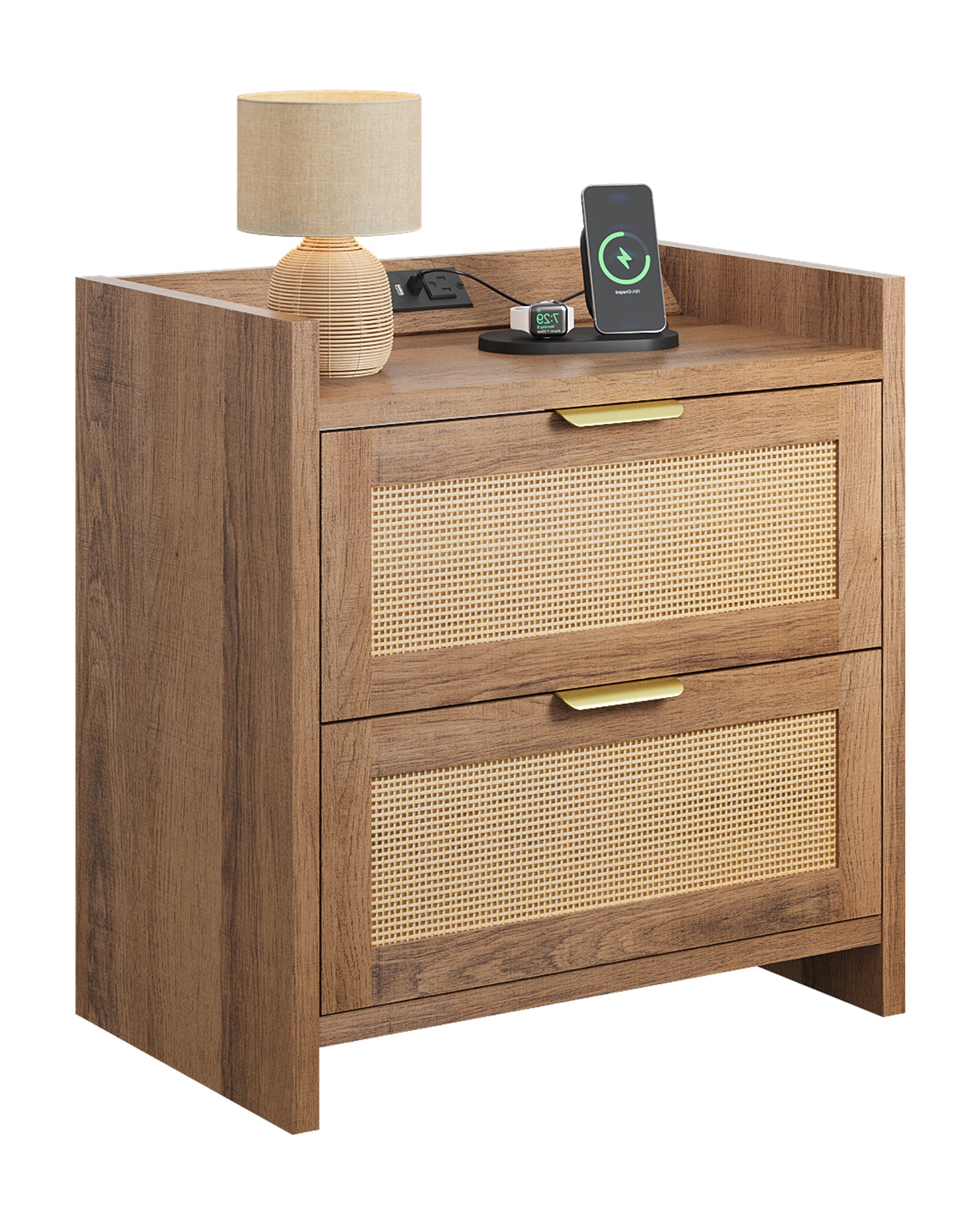 GALAXHERO Nightstand Set of 2 with Charging Station, Boho Rattan Bedside Tables, 2 Drawers End Table for Bedroom, Living Room, Natural Oak