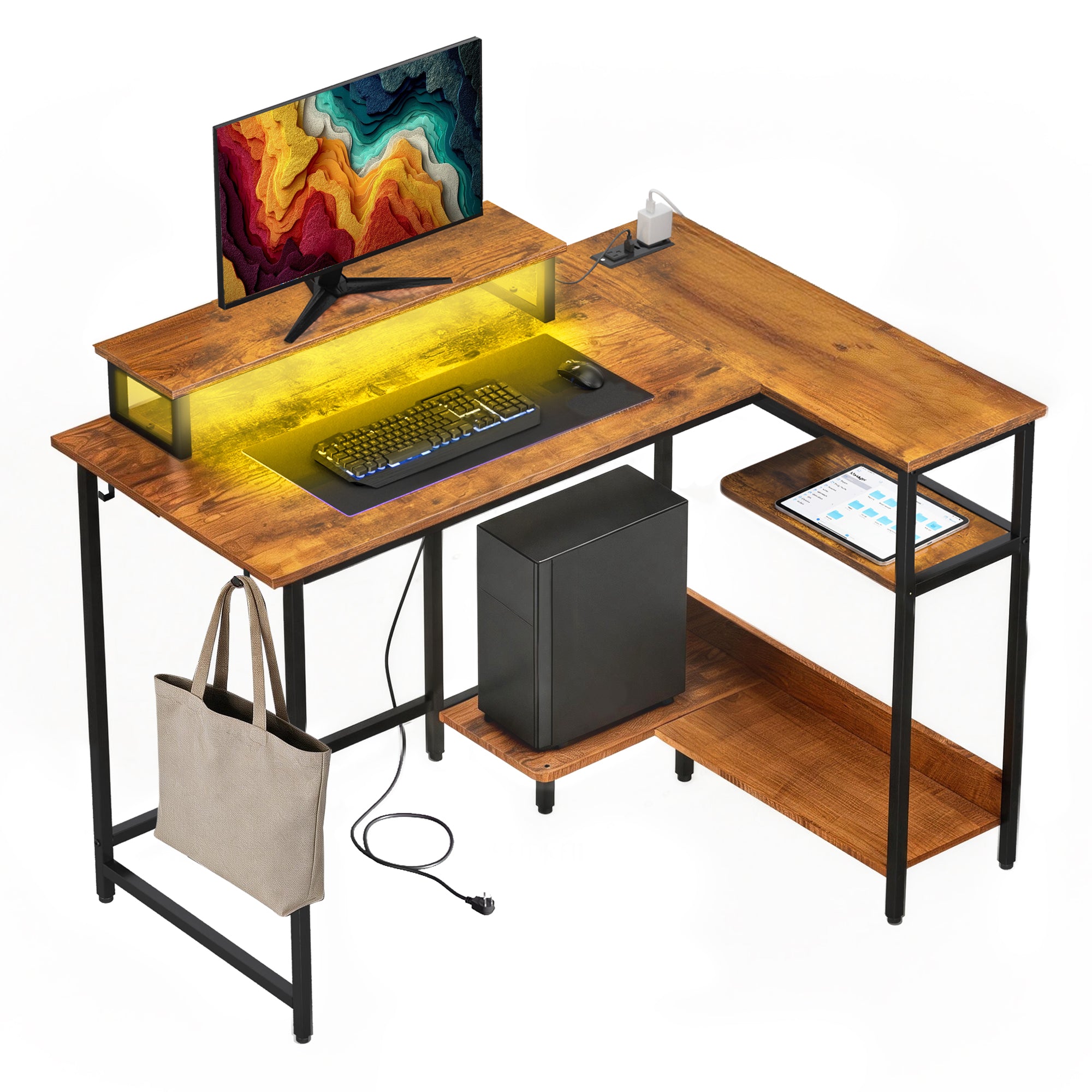 GALAXHERO 43 Inch L Shaped Gaming Desk with LED Lights & Power Outlets, Corner Computer Desk with Storage for Small Spaces, Sturdy PC Table for Home Office, Rustic Brown