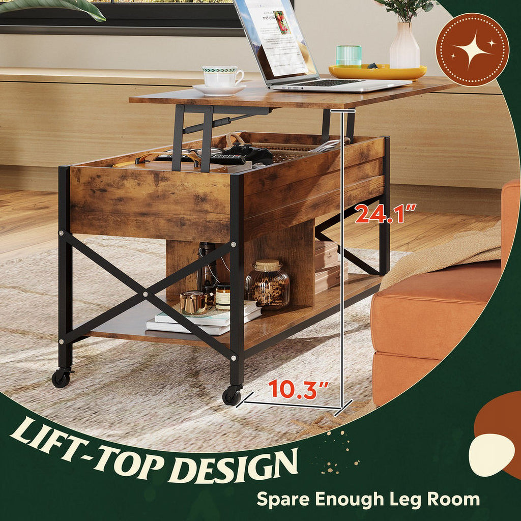GALAXHERO Coffee Table, 41.3" Lift Top Coffee Table with 4 Wheels, Hidden Compartment, Storage Shelf and Lift Tabletop for Living Room, Reception Room