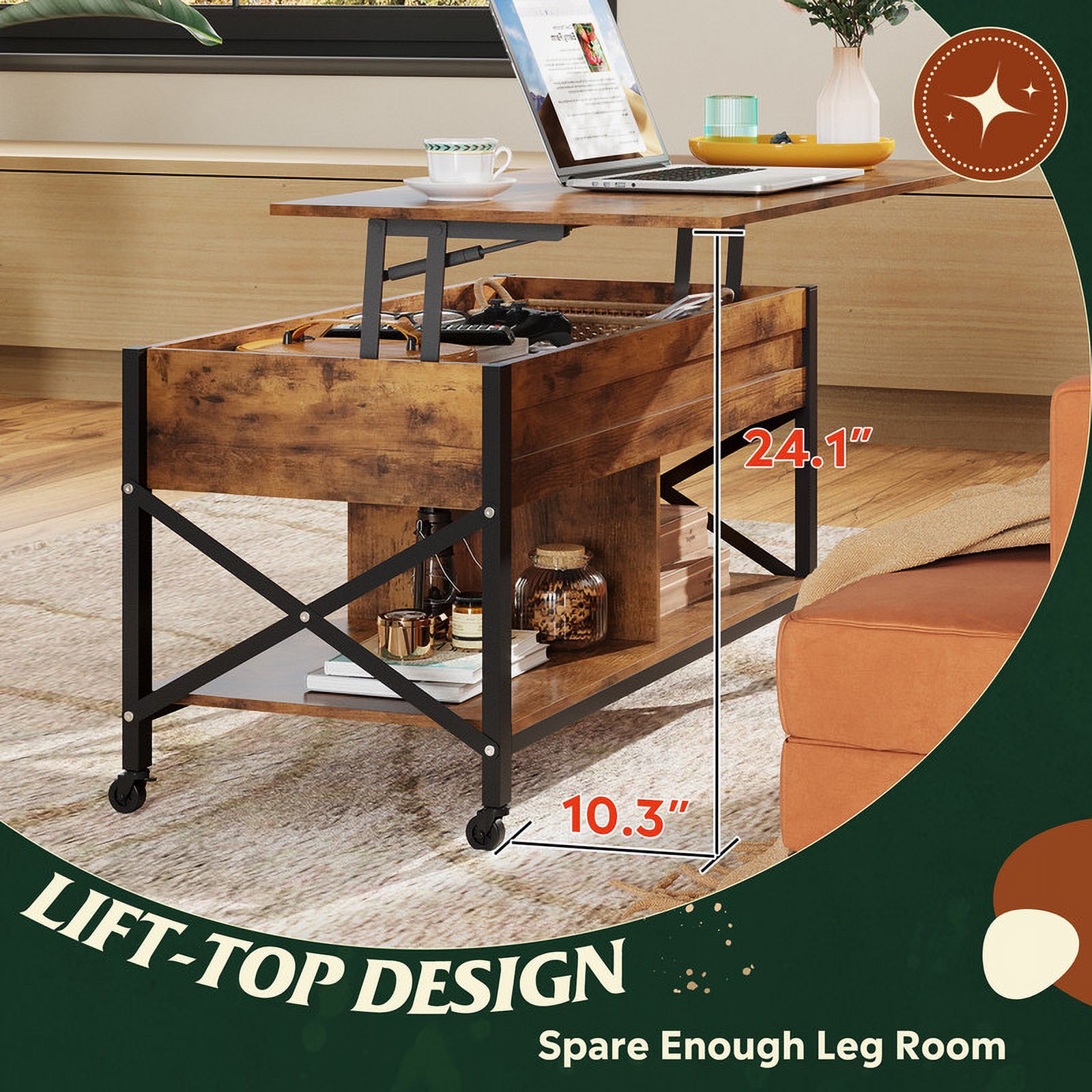 GALAXHERO Coffee Table, 41.3" Lift Top Coffee Table with 4 Wheels, Hidden Compartment, Storage Shelf and Lift Tabletop for Living Room, Reception Room