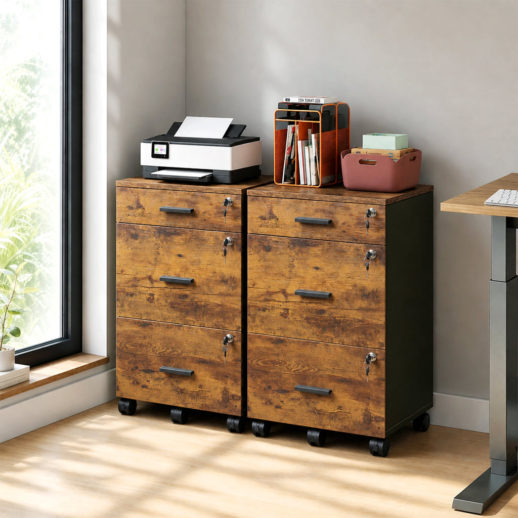 GALAXHERO Filing Cabinet with Lock and Key, 3 Drawer Rolling File Cabinet, Wood Storage Locker, Fits Letter/A4 Size