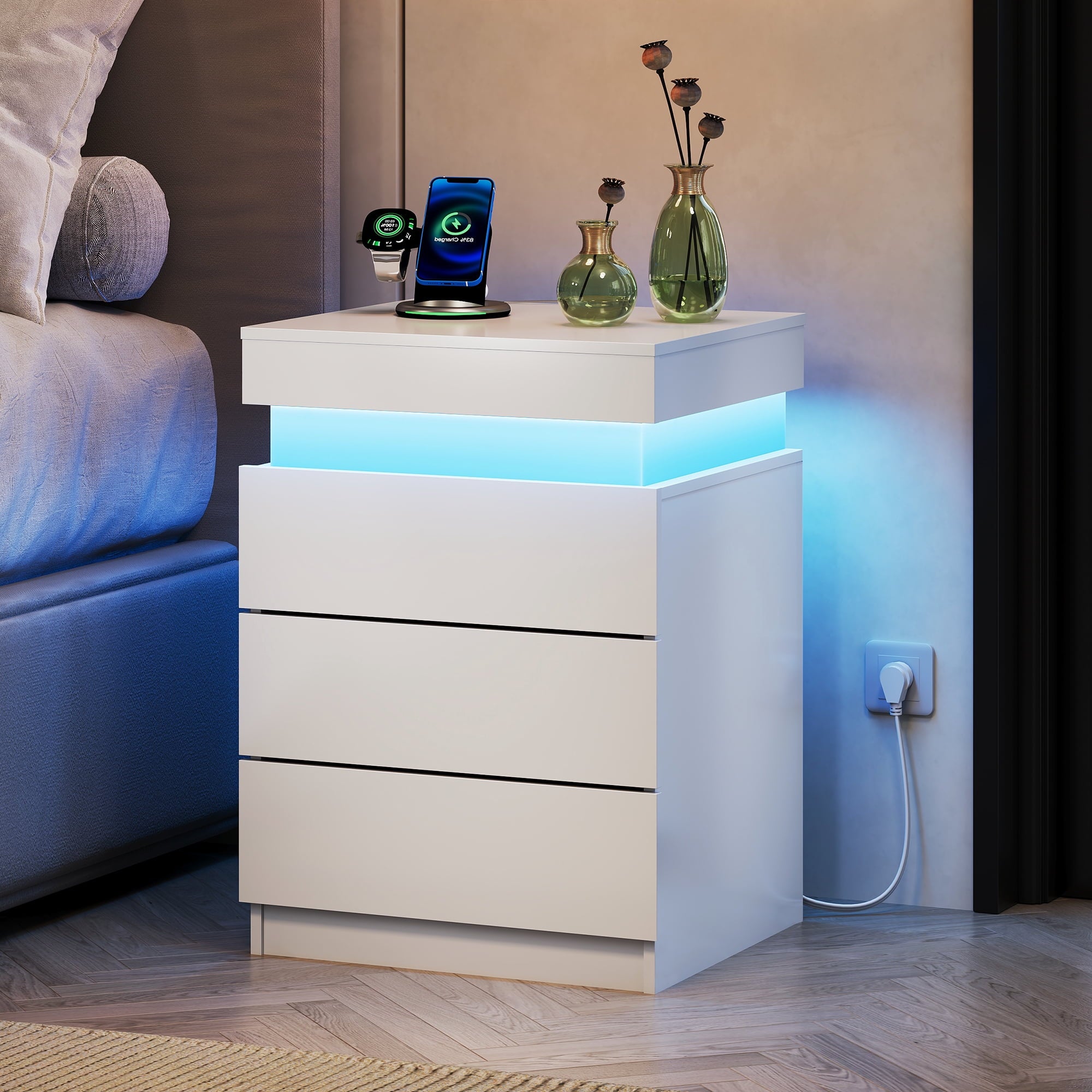 GALAXHERO Nightstand Set of 2 with Charging Station, LED Bedside Table with 3 Storage Drawers, Sliding Top, Hidden Space, Modern End Table for Bedroom, Living Room