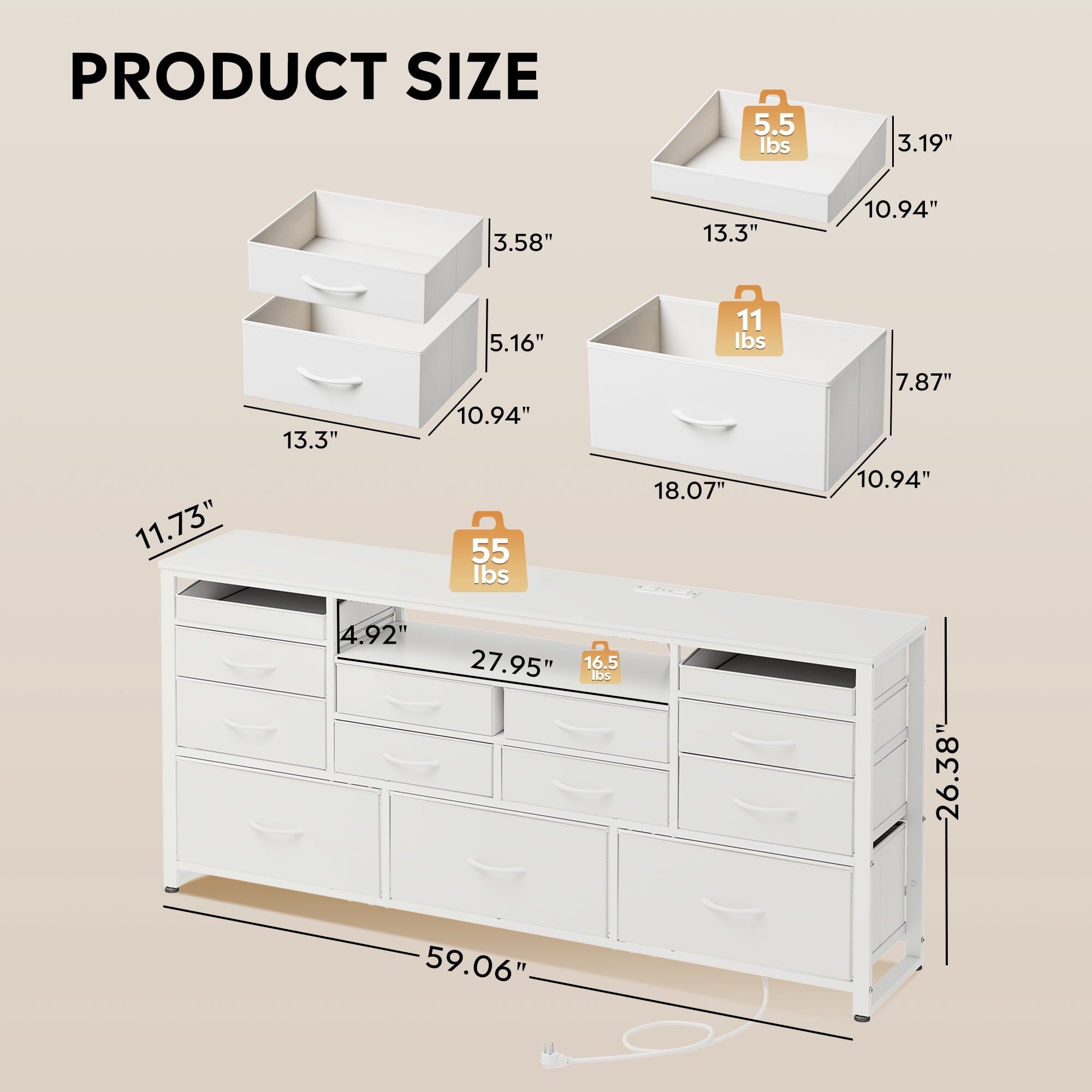 GALAXHERO 13 Drawers Dresser for Bedroom, TV Stand for 65'' TV with LED Lights, Entertainment Center with Charging Station, Fabric Chest of Drawers for Living Room, Entryway