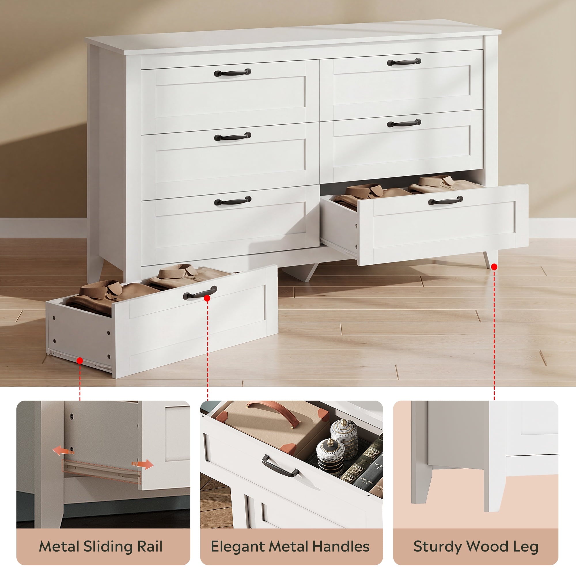 GALAXHERO 6-Drawer Double Wood Dresser - Farmhouse Chest of Drawers with Metal Handles for Bedroom, Living Room, Entryway