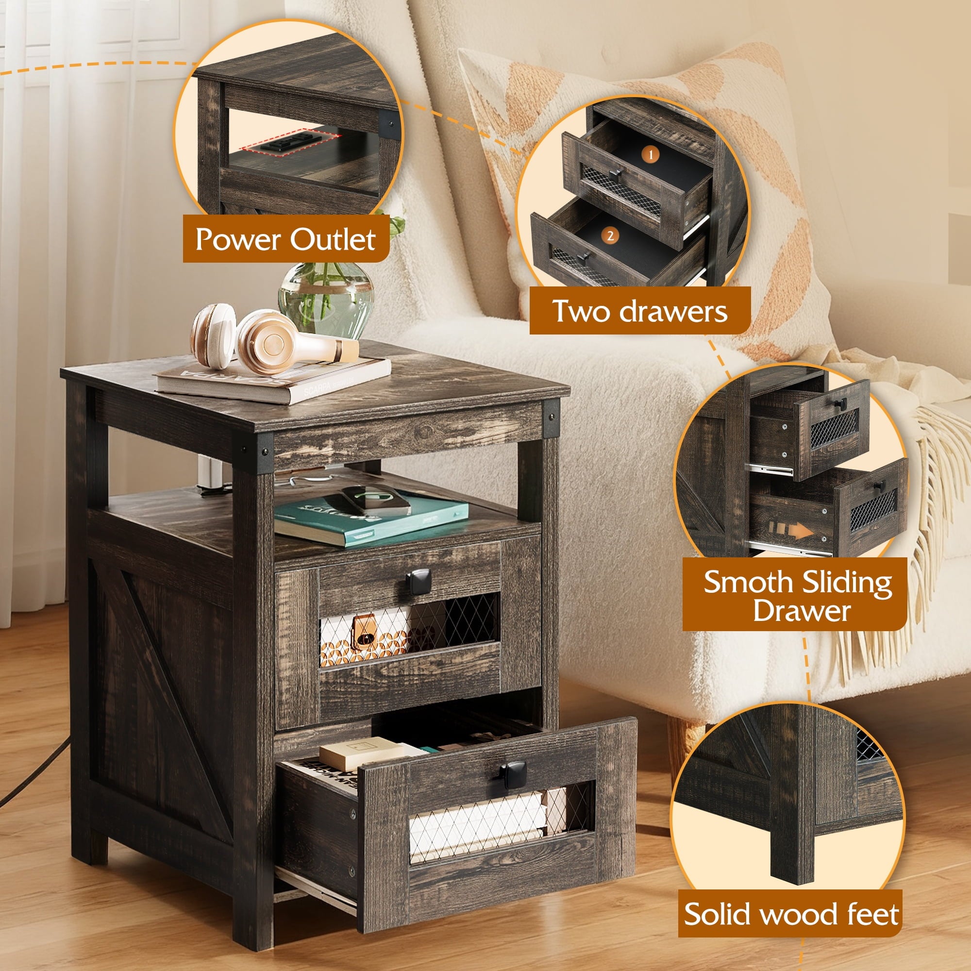 GALAXHERO Nightstand with Charging Station, Farmhouse End Table, Bed Side Table with 2 Storage Drawers and Open Shelf, Wood Rustic Nightstands for Bedroom