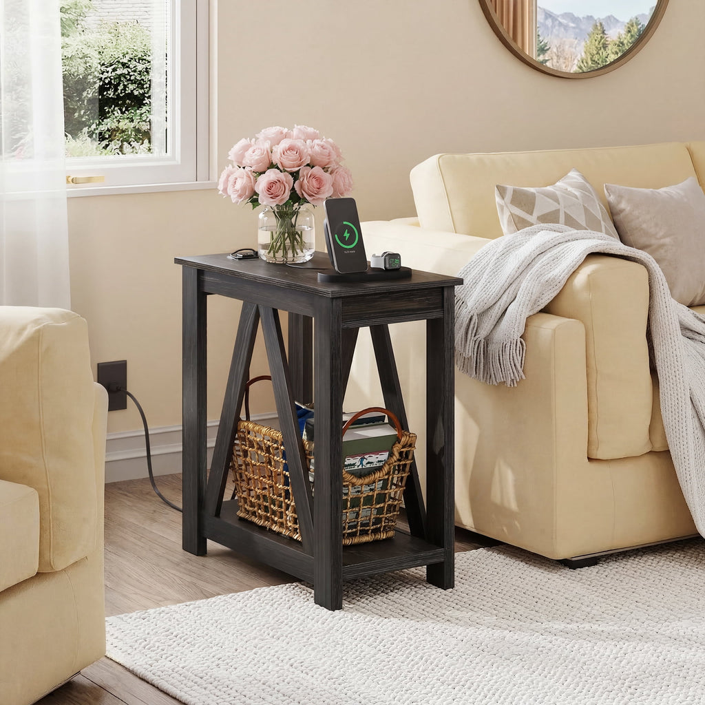 GALAXHERO Narrow End Table with Charging Station and Open Storage Shelf Sofa Side Table with 2 USB Ports and 2 Power Outlets, Slim Farmhouse End Table for Small Spaces, Bedroom, Living Room