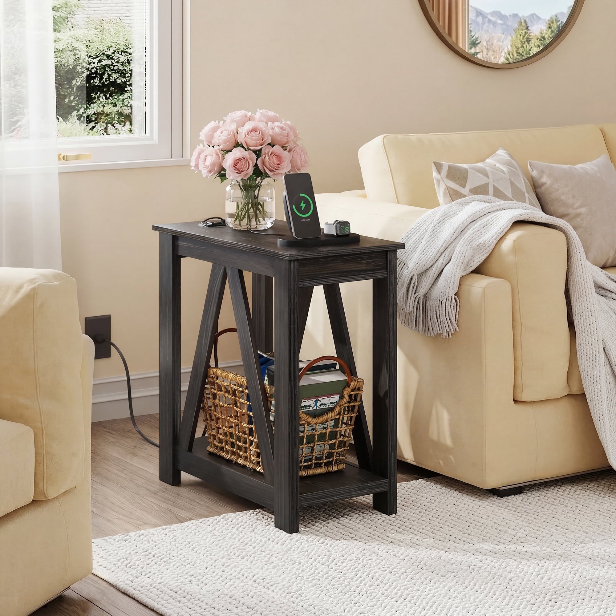 GALAXHERO Narrow End Table with Charging Station and Open Storage Shelf Sofa Side Table with 2 USB Ports and 2 Power Outlets, Slim Farmhouse End Table for Small Spaces, Bedroom, Living Room