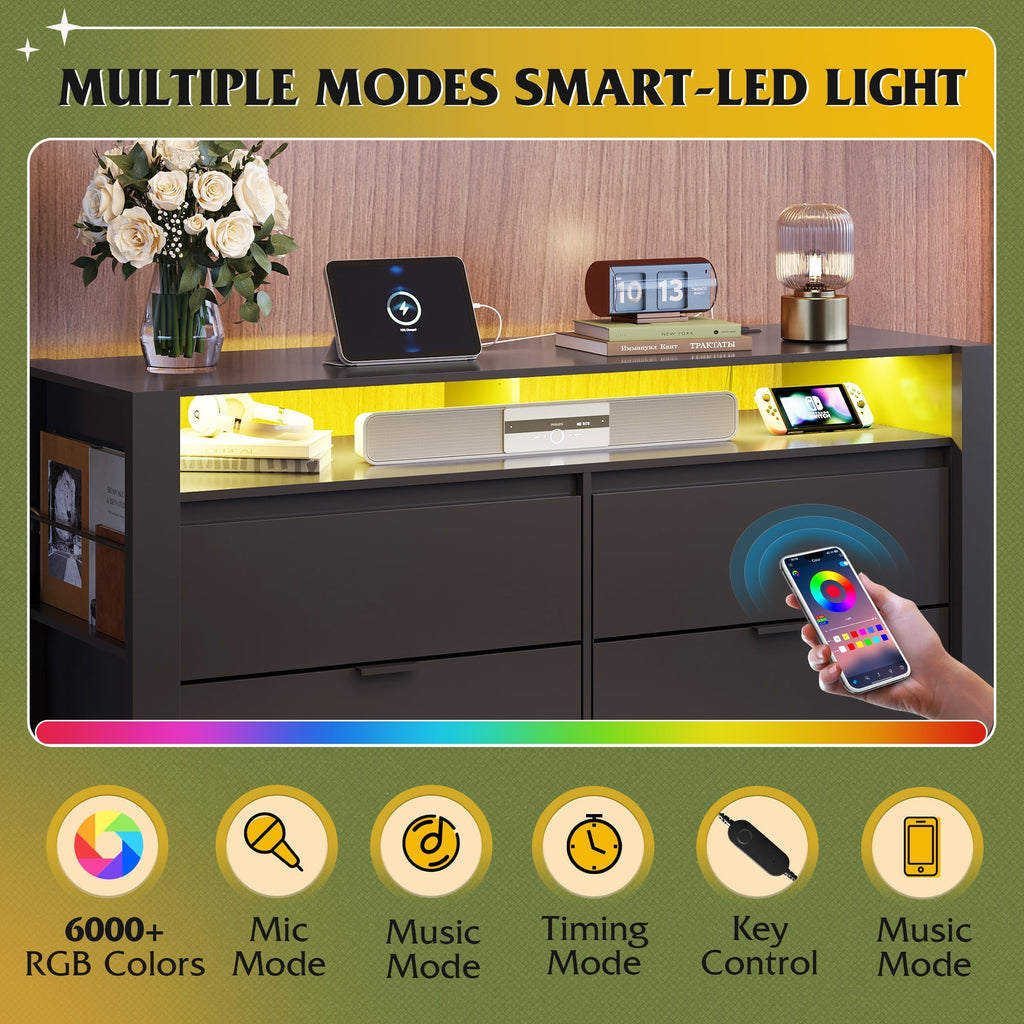GALAXHERO 6 Drawer Dresser for Bedroom with LED Lights, Double Dresser with Charging Station, Large Wood Chest of Drawers, TV Stand for 55 inch TV for Closet, Living Room