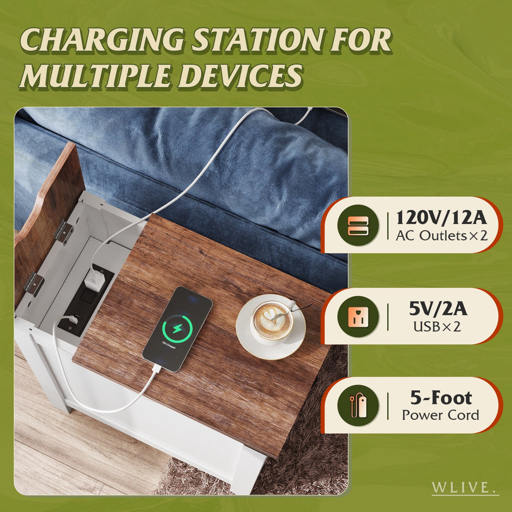 GALAXHERO Side Table with Charging Station Narrow End Table with Storage Night Stand with USB Ports and Outlets Small Wooden Cabinet for Living Room and Bedroom