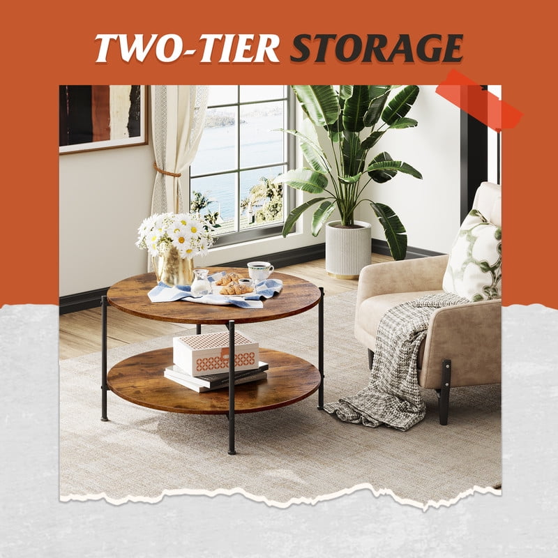 GALAXHERO Round Small Coffee Table 32.6" with Open Storage Shelf 2-Tier Industrial Circle Wood Center Table for Living Room Bedroom