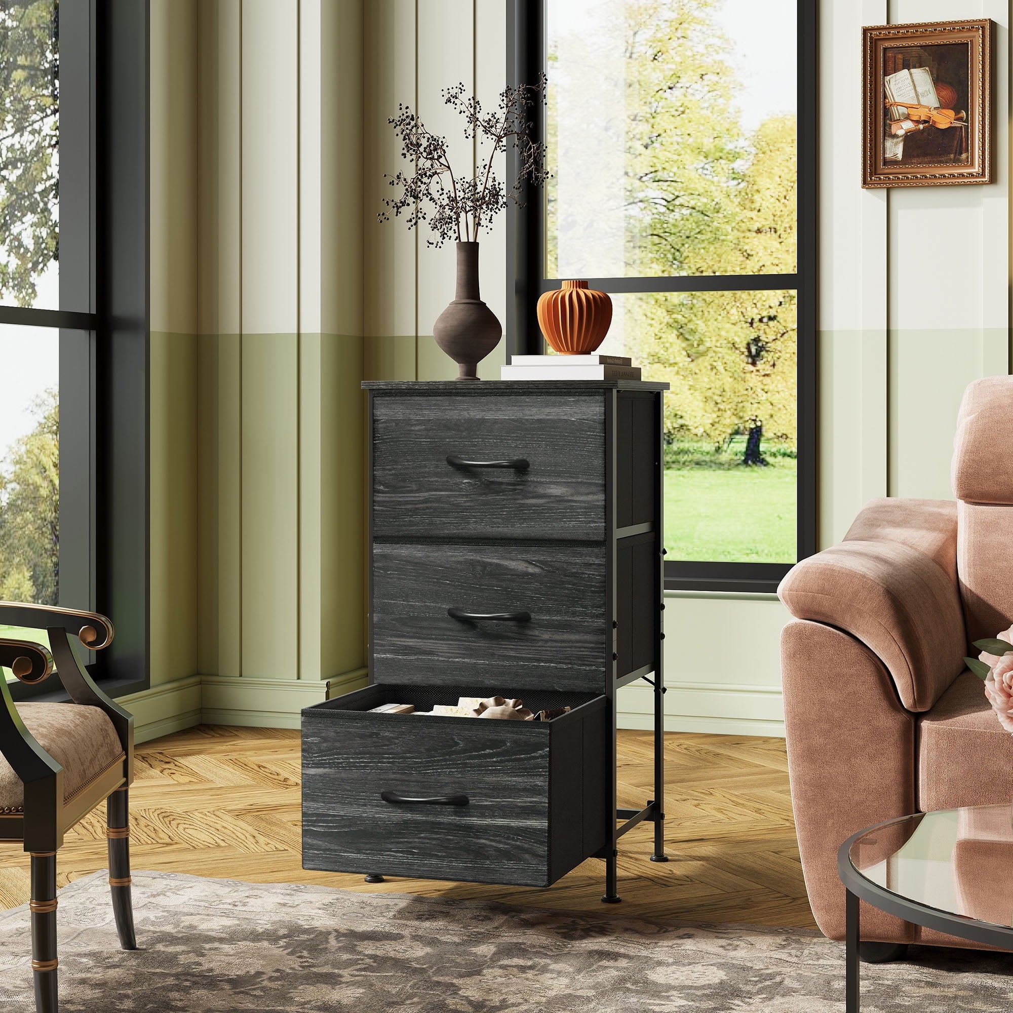 GALAXHERO 3 Drawer Nightstand, Fabric Storage Dresser Sturdy Steel Frame with Wood Top