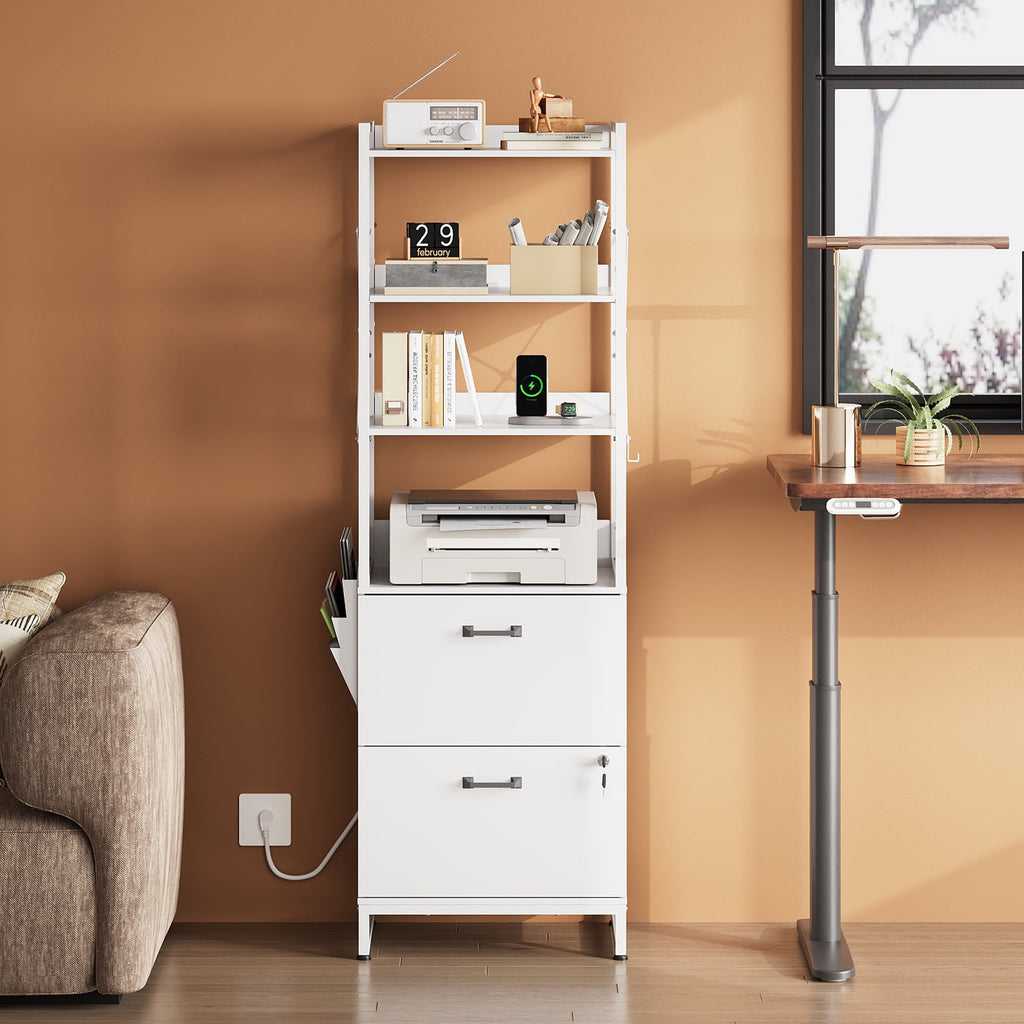 GALAXHERO 2 Drawer File Cabinet with Charging Station, Tall Vertical Filling Cabinet with Lock, Fits Letter/A4/Legal Size, Printer Stand & Adjustable Shelves for Home Office