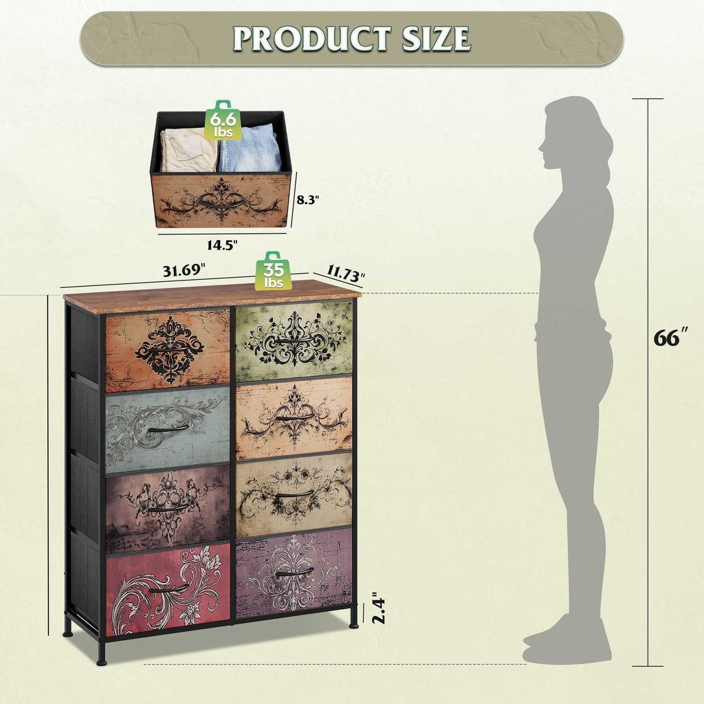 GALAXHERO 8 Drawer Fabric Dresser for Bedroom, Storage Bins Chest of Drawer for Closet, Living Room, Hallway, Wood Grain Print