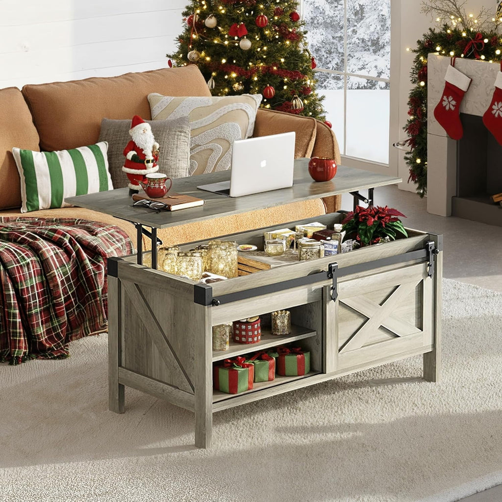 GALAXHERO 39.4" Farmhouse Large Coffee Table Lift Top Coffee Table with Hidden Storage Compartment Sliding Barn Doors Modern Wood Center Table for Living Room