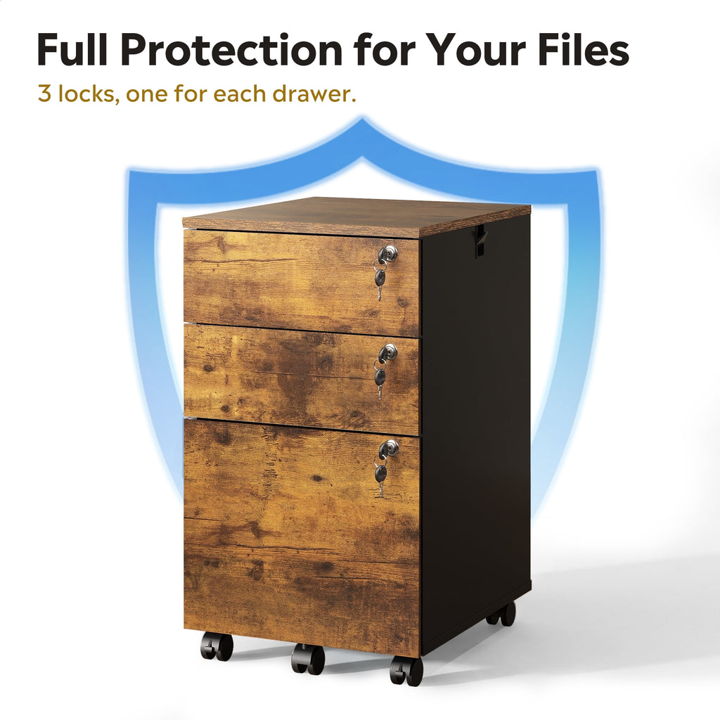 GALAXHERO 3 Drawers Storage Cabinet with Lock, Rolling Wood File Cabinet, Vertical Filing Cabinet for Home Office, Fits Letter/A4