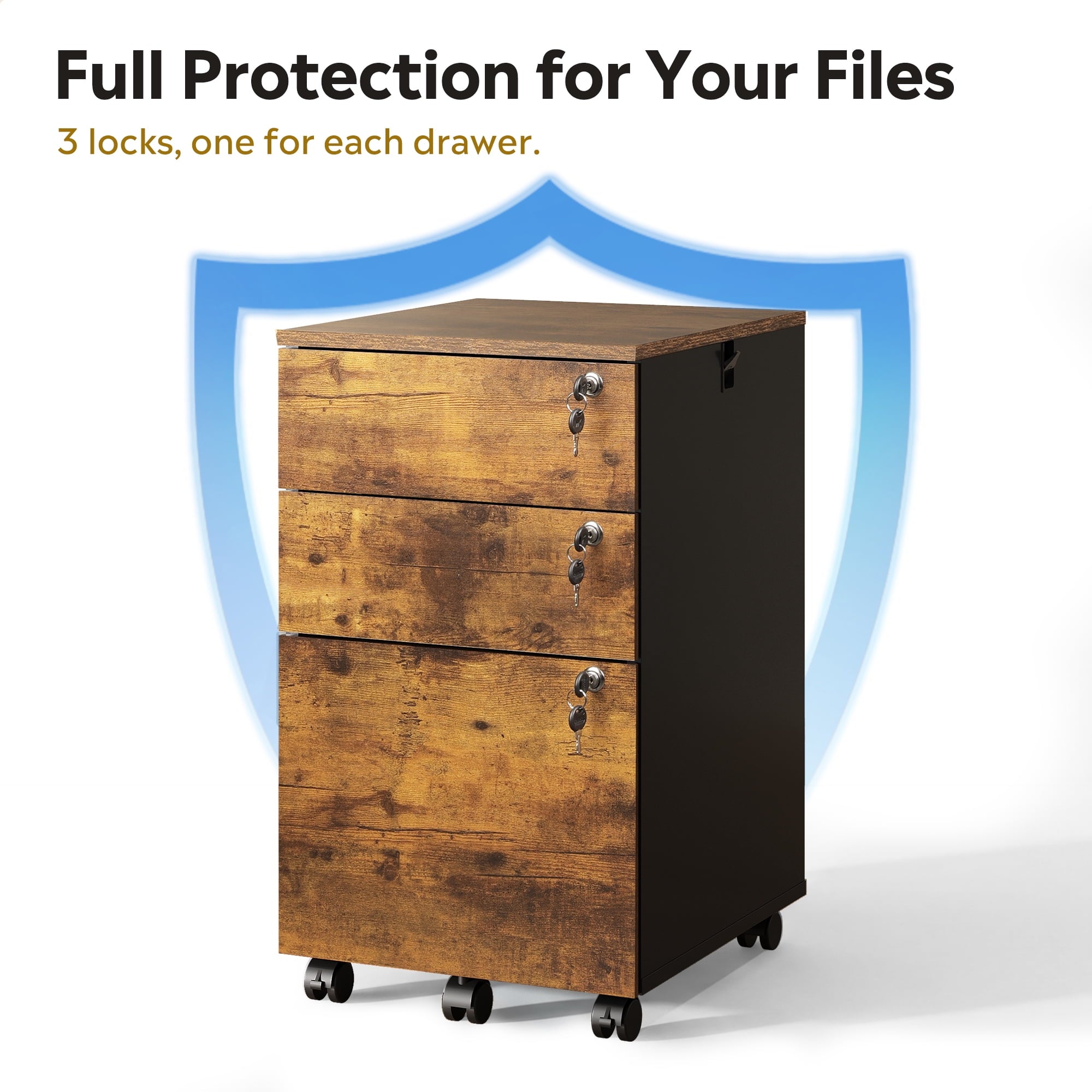 GALAXHERO 3 Drawers Storage Cabinet with Lock, Rolling Wood File Cabinet, Vertical Filing Cabinet for Home Office, Fits Letter/A4
