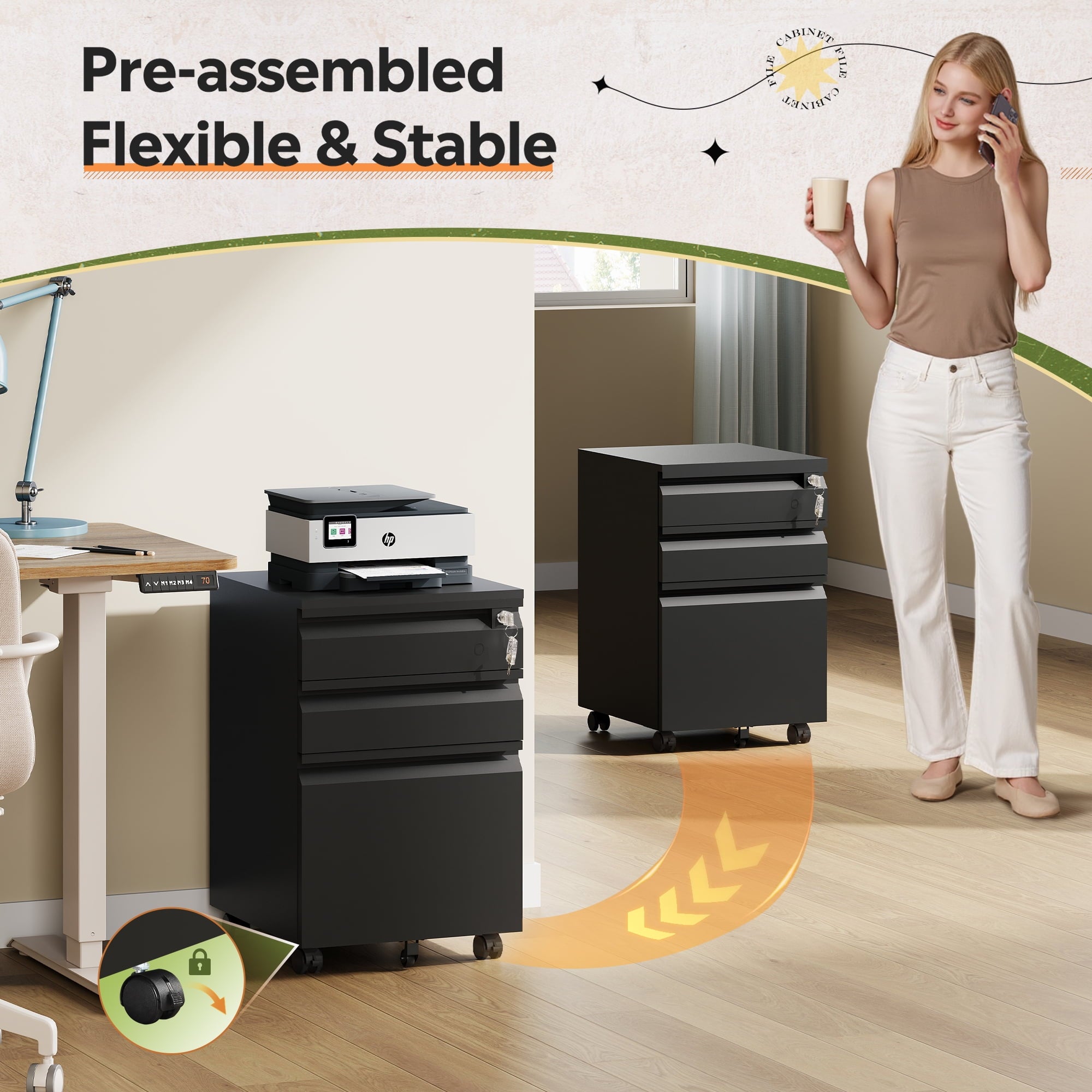 GALAXHERO File Cabinet 3 Drawer, Metal Filing Cabinet on Wheels for Home Office, Under Desk Storage with Lock, Fits Letter/A4/Legal Size, Black