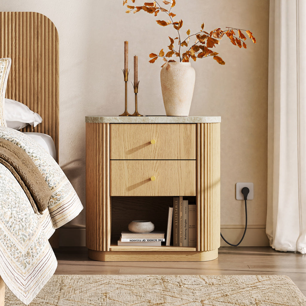 GALAXHERO Mid Century Modern Nightstand with Charging Station, 2-Drawer Fluted Wood Bedside Table with Open Shelf for Bedroom Living Room Dorm