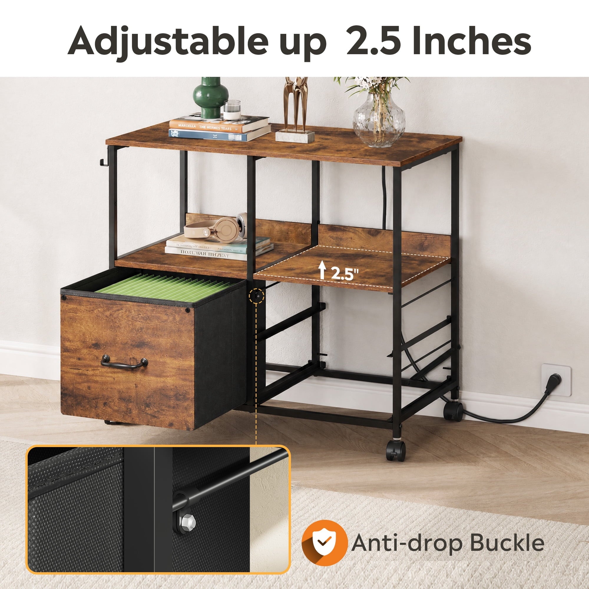 GALAXHERO 3 Drawer File Cabinet with Charging Station, Mobile Printer Stand with Storage Shelves, Filing Cabinet Furniture for Home Office, Fits Letter/A4
