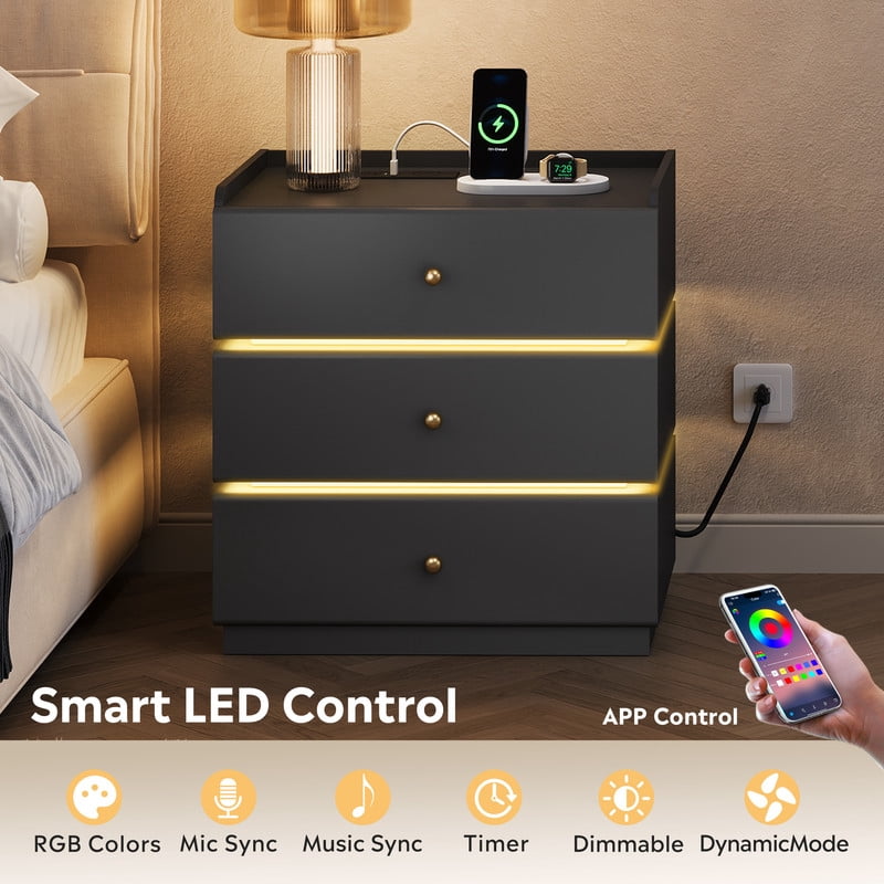 GALAXHERO Nightstand with Charging Station, Smart LED 3-Drawer Tall Bedside Table with Sensor, End Table with Wireless Charging for Bedroom Living Room Dorm