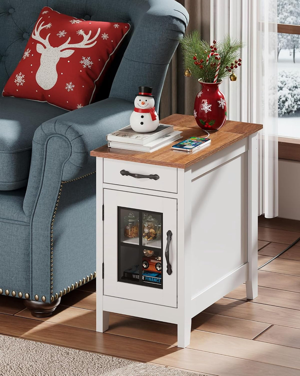 GALAXHERO End Table with Charging Station Narrow Side Table for Living Room with Storage, Small Wooden Cabinet Nightstand with USB Ports and Outlets