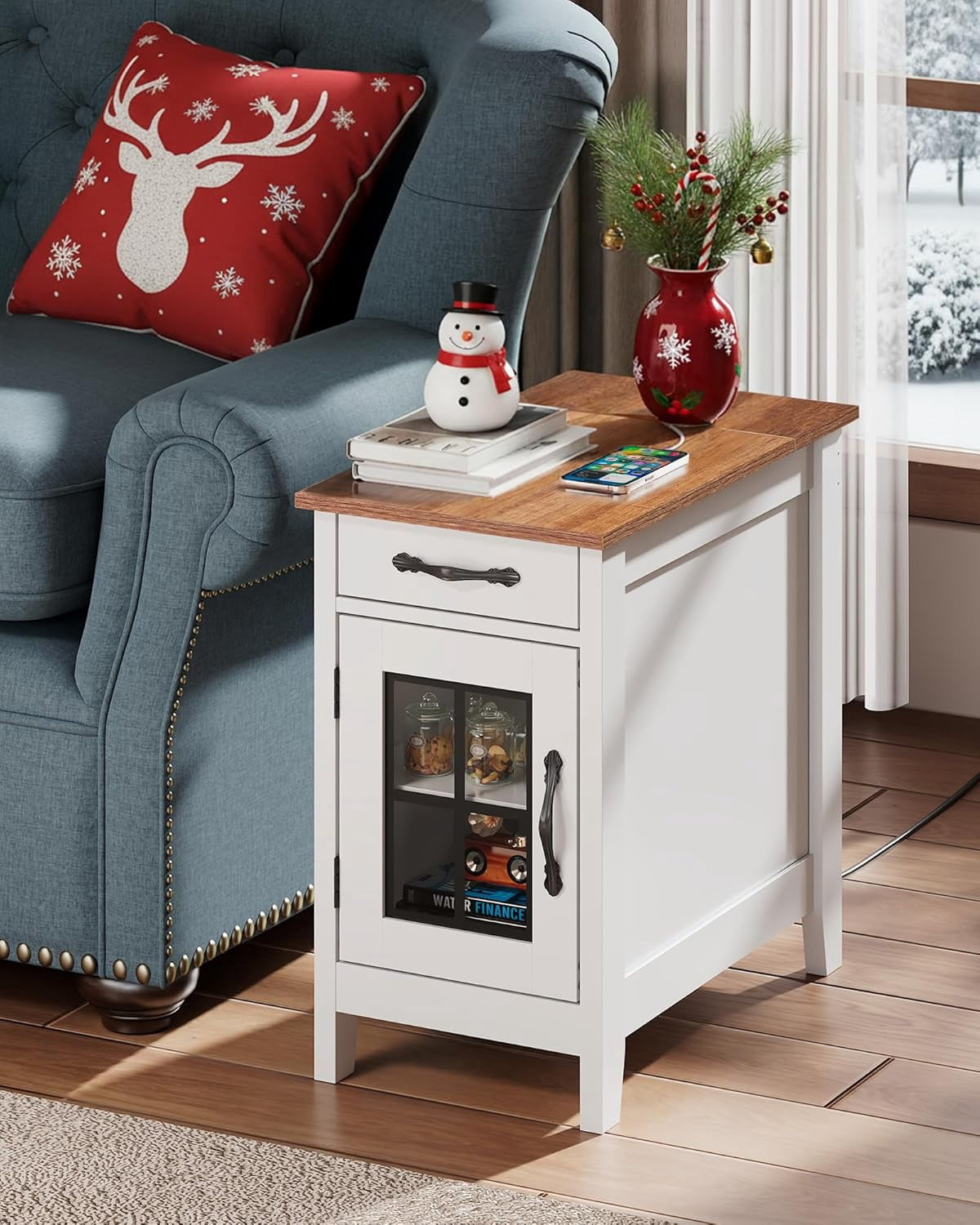 GALAXHERO End Table with Charging Station Narrow Side Table for Living Room with Storage, Small Wooden Cabinet Nightstand with USB Ports and Outlets