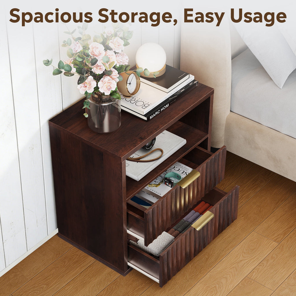GALAXHERO 2 Drawer Nightstand, Wood Fluted End Table with Open Shelf, Mid Century Modern Bedside Tables for Bedroom, Living Room