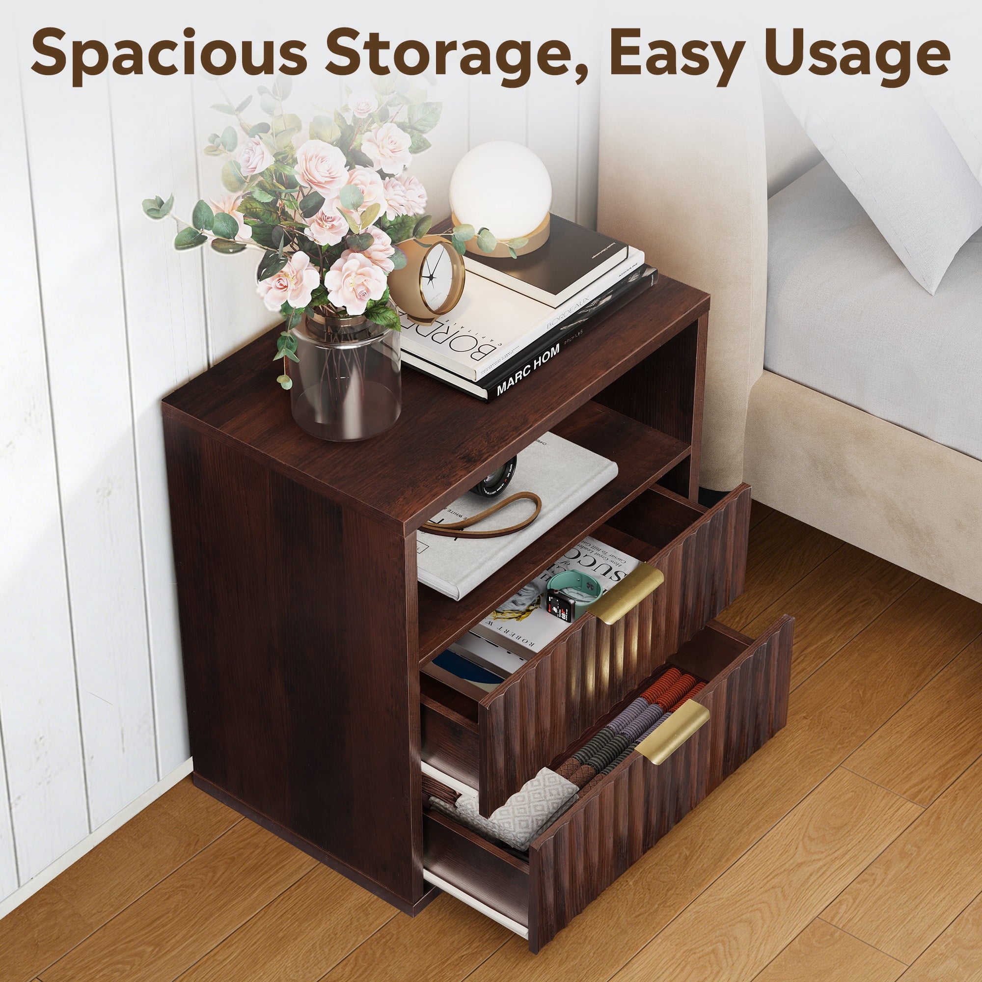 GALAXHERO 2 Drawer Nightstand, Wood Fluted End Table with Open Shelf, Mid Century Modern Bedside Tables for Bedroom, Living Room