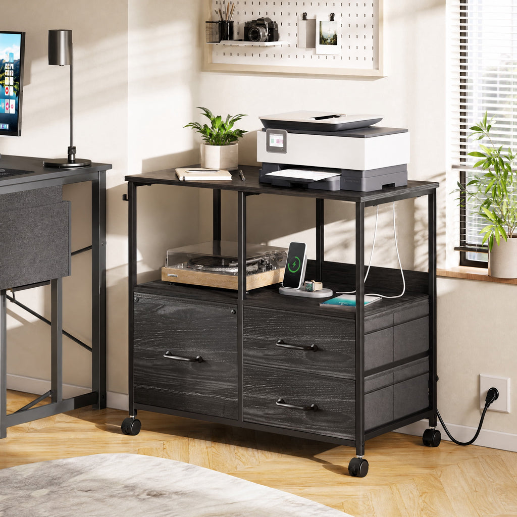 GALAXHERO 3 Drawer File Cabinet with Charging Station, Mobile Printer Stand with Storage Shelves, Filing Cabinet Furniture for Home Office, Fits Letter/A4