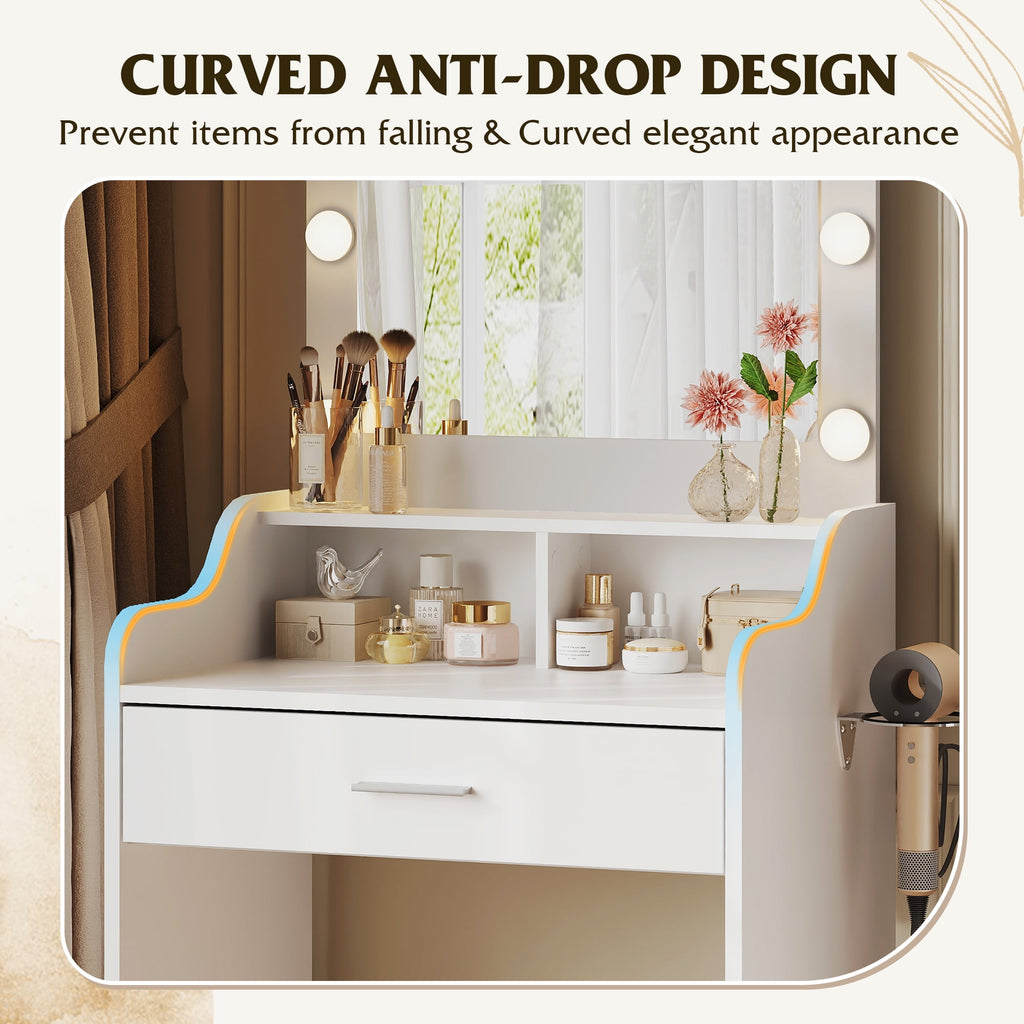 GALAXHERO Small Vanity Desk with Mirror, Makeup Tables with Drawer and Storage Shelves, Girls Dressing Table for Bedroom, White