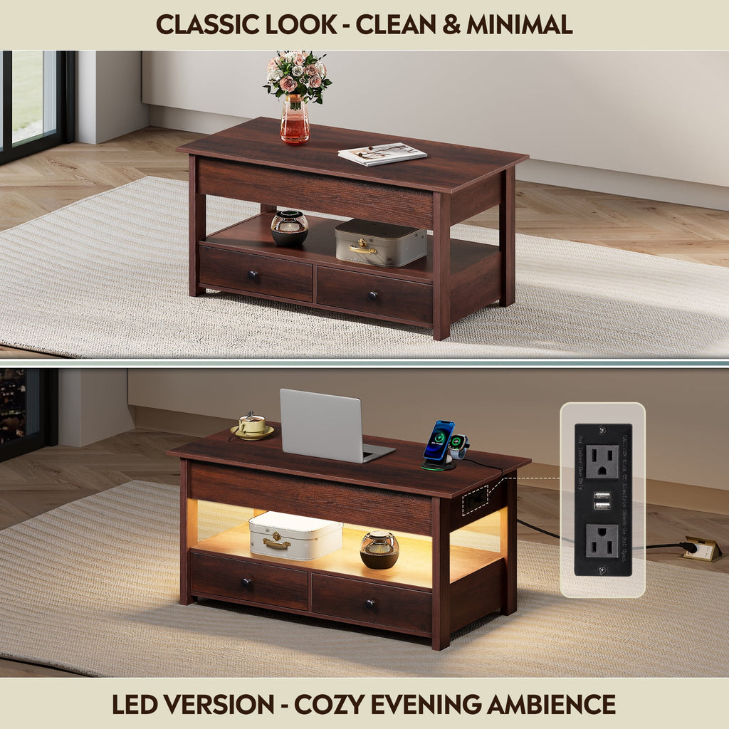 GALAXHERO Lift Top Coffee Table for Living Room Table with 2 Drawers & LED Light & Large Storage and Open Shelf