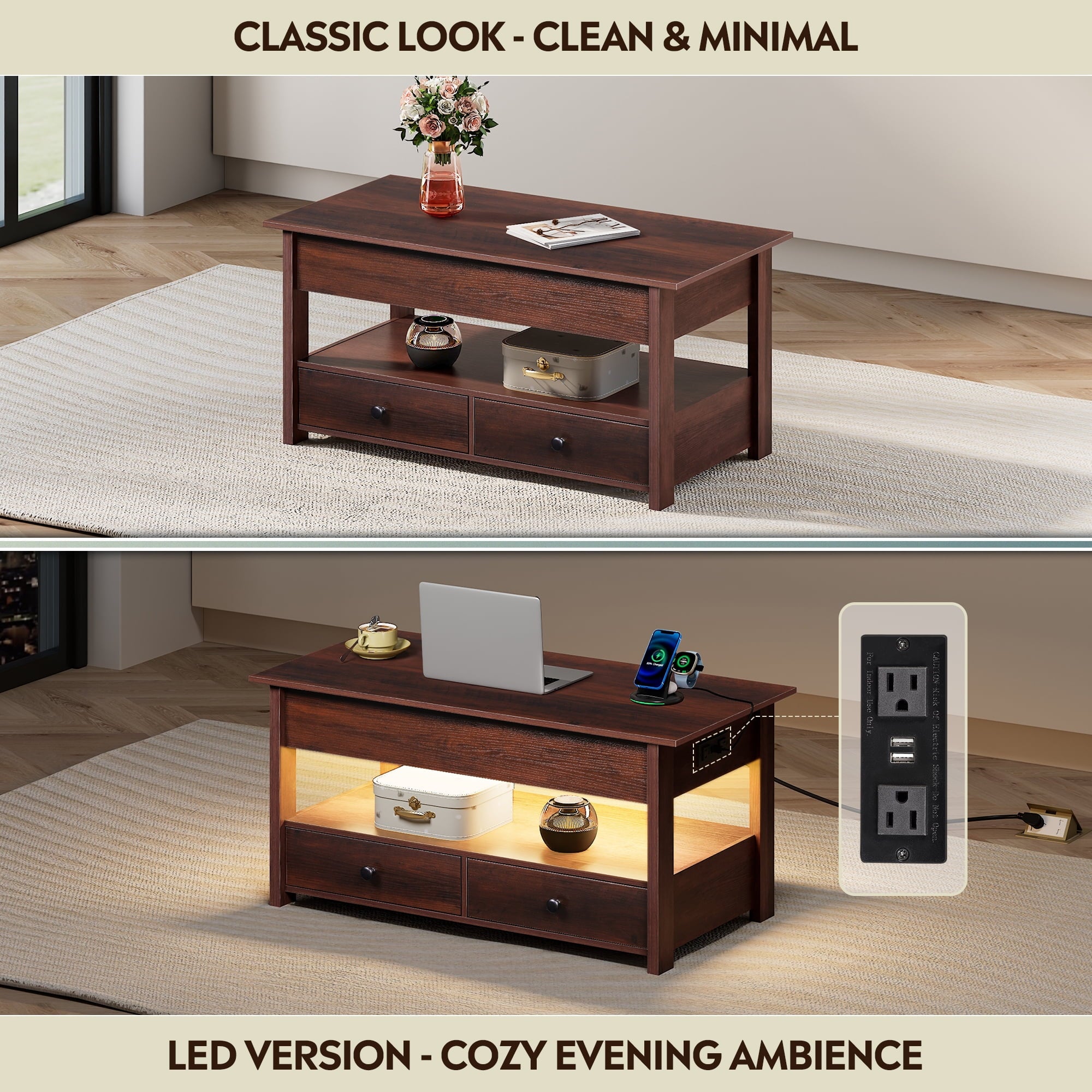 GALAXHERO Lift Top Coffee Table for Living Room Table with 2 Drawers & LED Light & Large Storage and Open Shelf