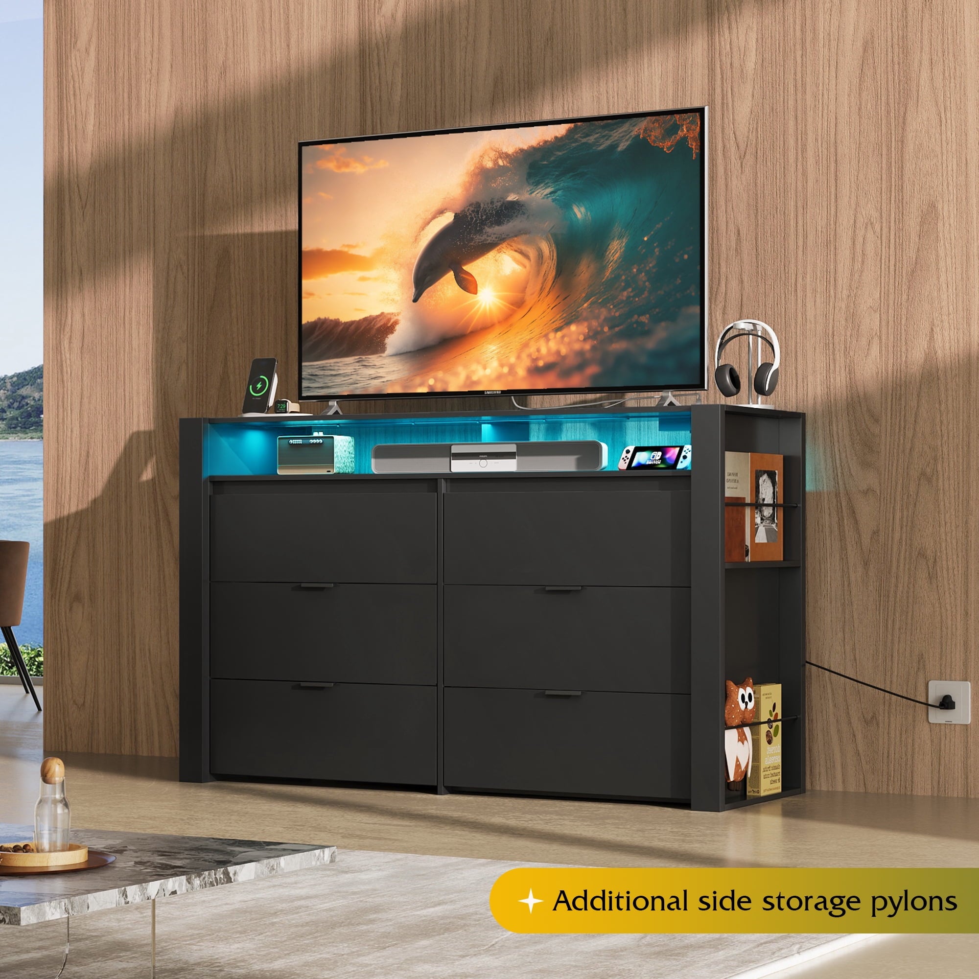GALAXHERO 6 Drawer Dresser for Bedroom with LED Lights, Double Dresser with Charging Station, Large Wood Chest of Drawers, TV Stand for 55 inch TV for Closet, Living Room