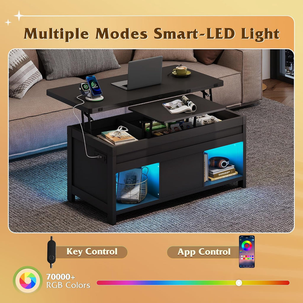 GALAXHERO 40" Lift Top Coffee Table with Storage, 4 in 1 Coffee Tables with 2 Fabric Drawers LED Light and USB, Modern Coffee Table with Hidden Compartment for Living Room, Dining Room