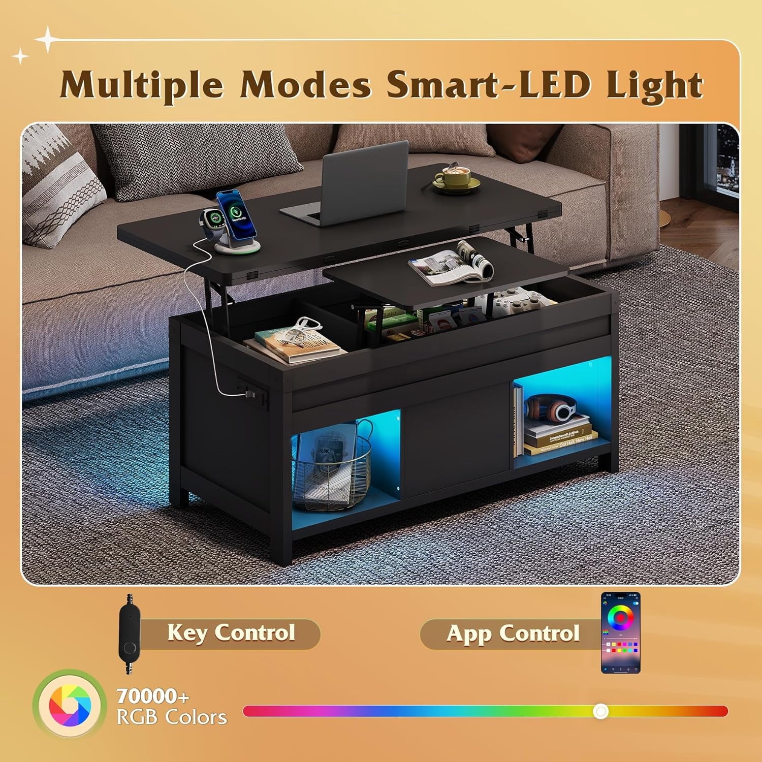 GALAXHERO 40" Lift Top Coffee Table with Storage, 4 in 1 Coffee Tables with 2 Fabric Drawers LED Light and USB, Modern Coffee Table with Hidden Compartment for Living Room, Dining Room
