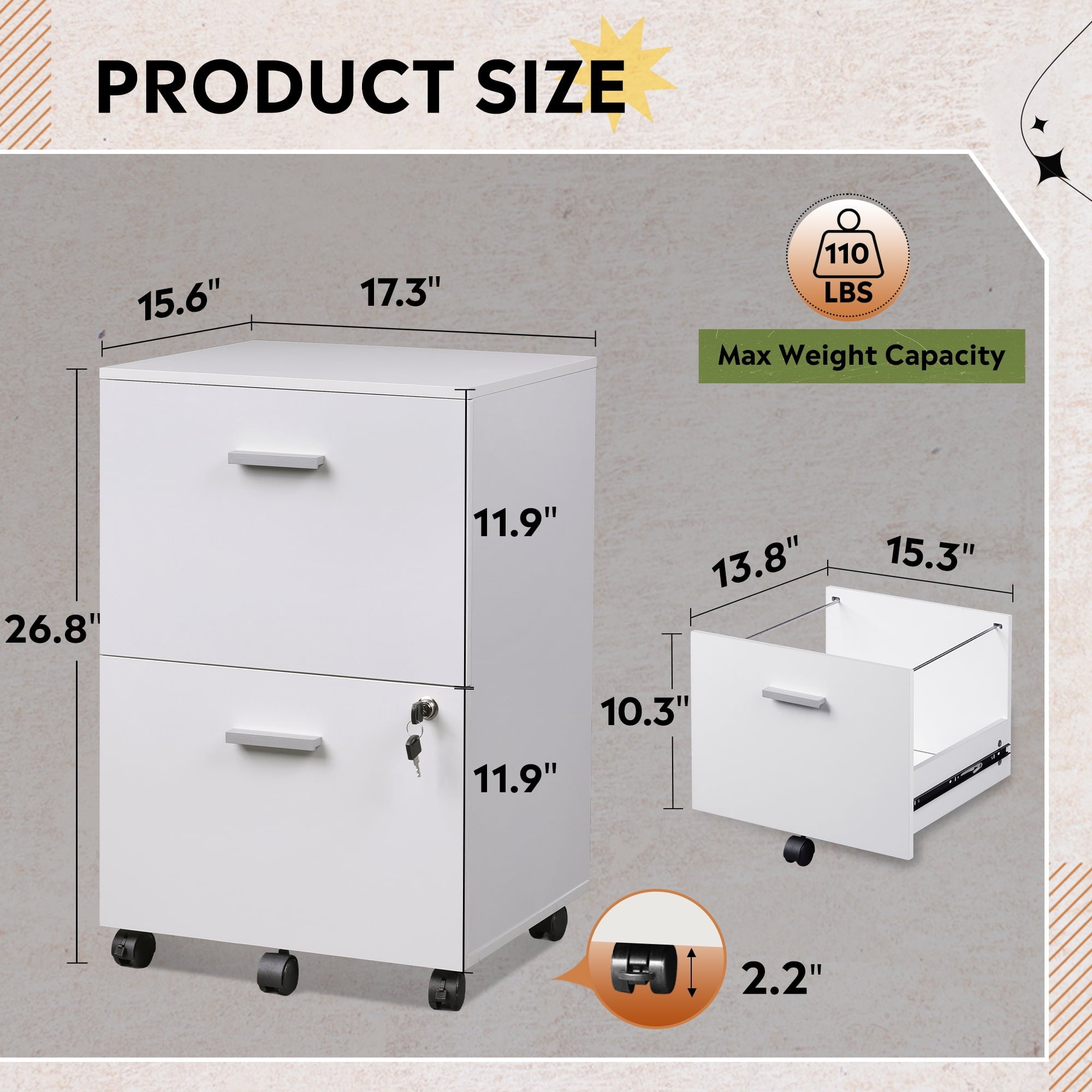 GALAXHERO 2 Drawer File Cabinet with Lock, Wood Printer Stand for Home Office, Mobile Storage Organizer Fit Letter/A4 Size, White