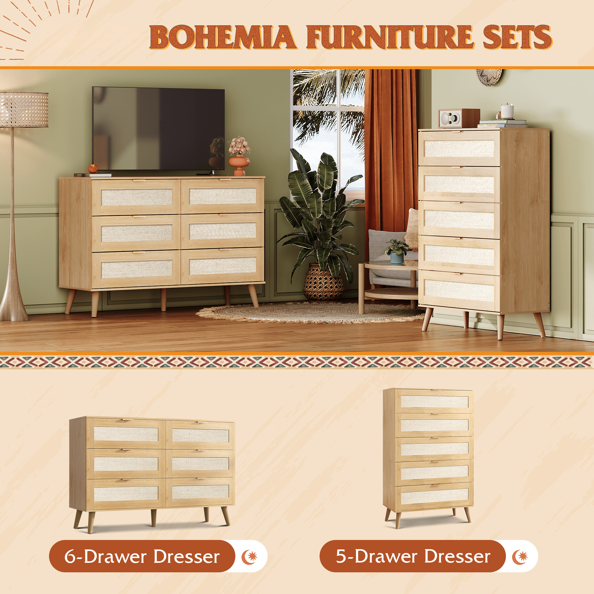 GALAXHERO Rattan Dresser for Bedroom, 6 Drawer 47.24'' Wide Boho Wood Dresser, Chest of Drawers, TV Stand for 55 inch TV, Storage Cabinet for Living Room, Gold Metal Handle, Hallway, Light Oak