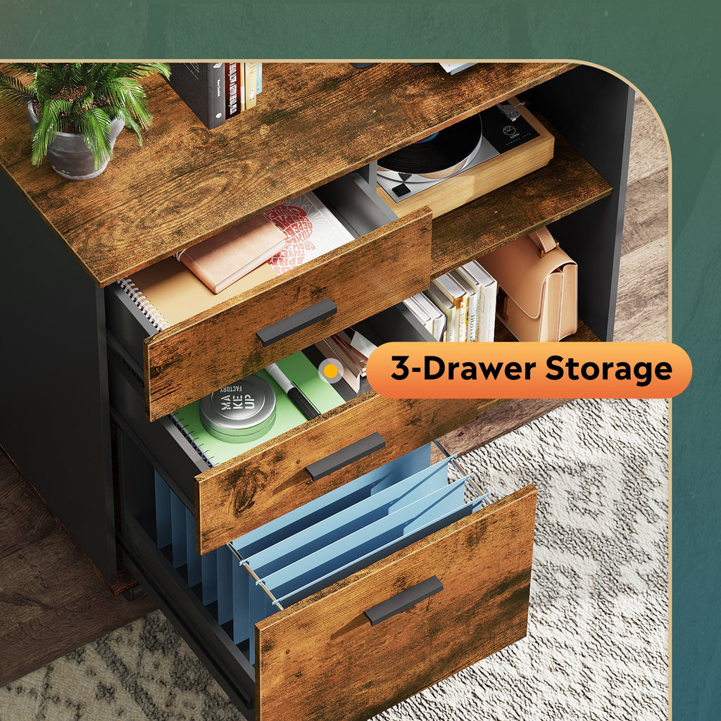 GALAXHERO 3-Drawer Wood Mobile File Cabinet, Lateral Filing Cabinet with Printer Stand and Open Storage Shelves for Home Office, Rustic Brown