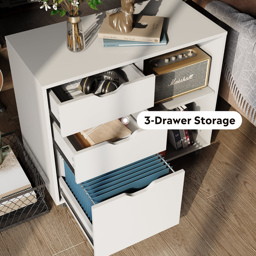 GALAXHERO 3 Drawer File Cabinet, Mobile Printer Stand with Storage Shelves, Wood Lateral Filing Cabinet, Office Storage Cabinet for Home Office, White