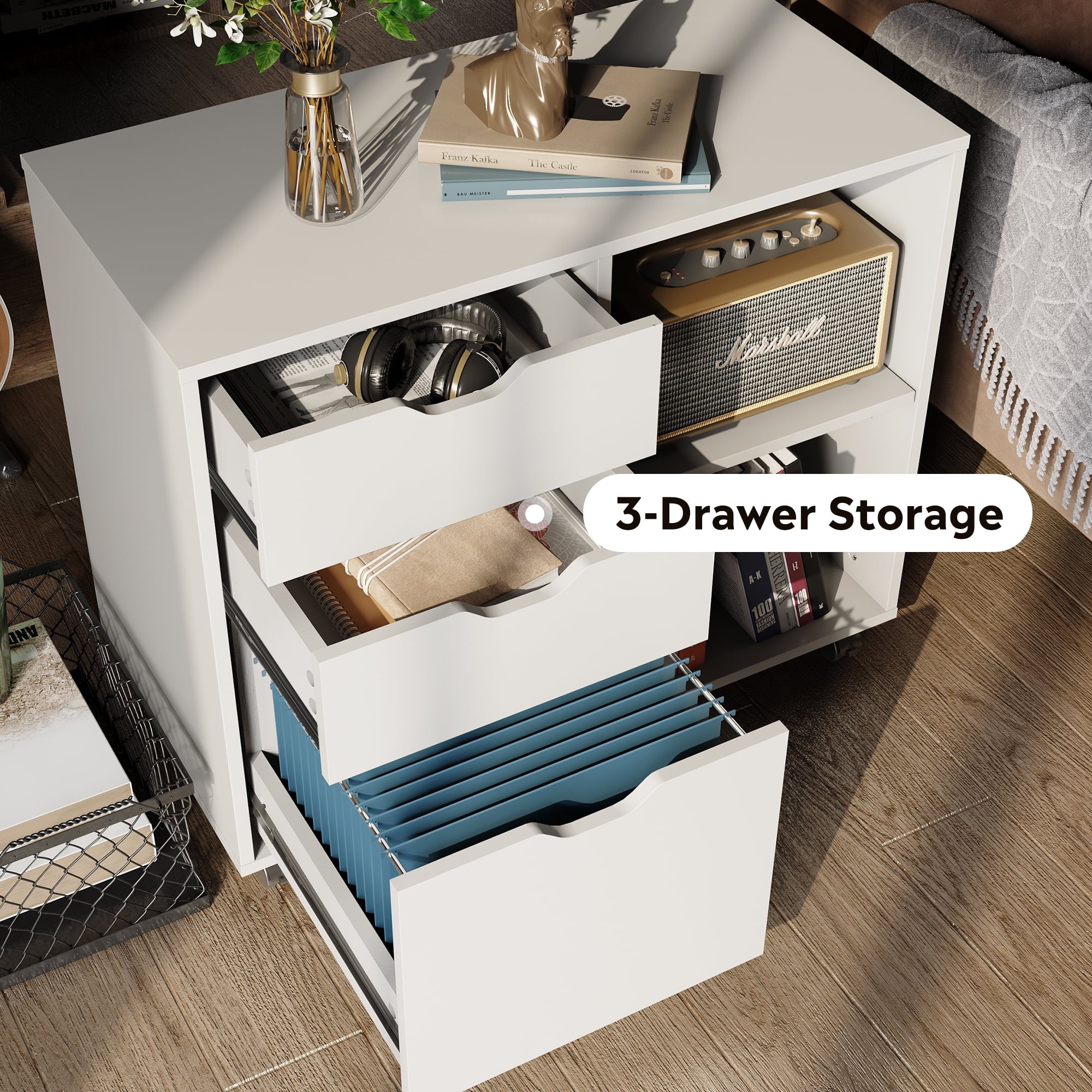 GALAXHERO 3 Drawer File Cabinet, Mobile Printer Stand with Storage Shelves, Wood Lateral Filing Cabinet, Office Storage Cabinet for Home Office, White