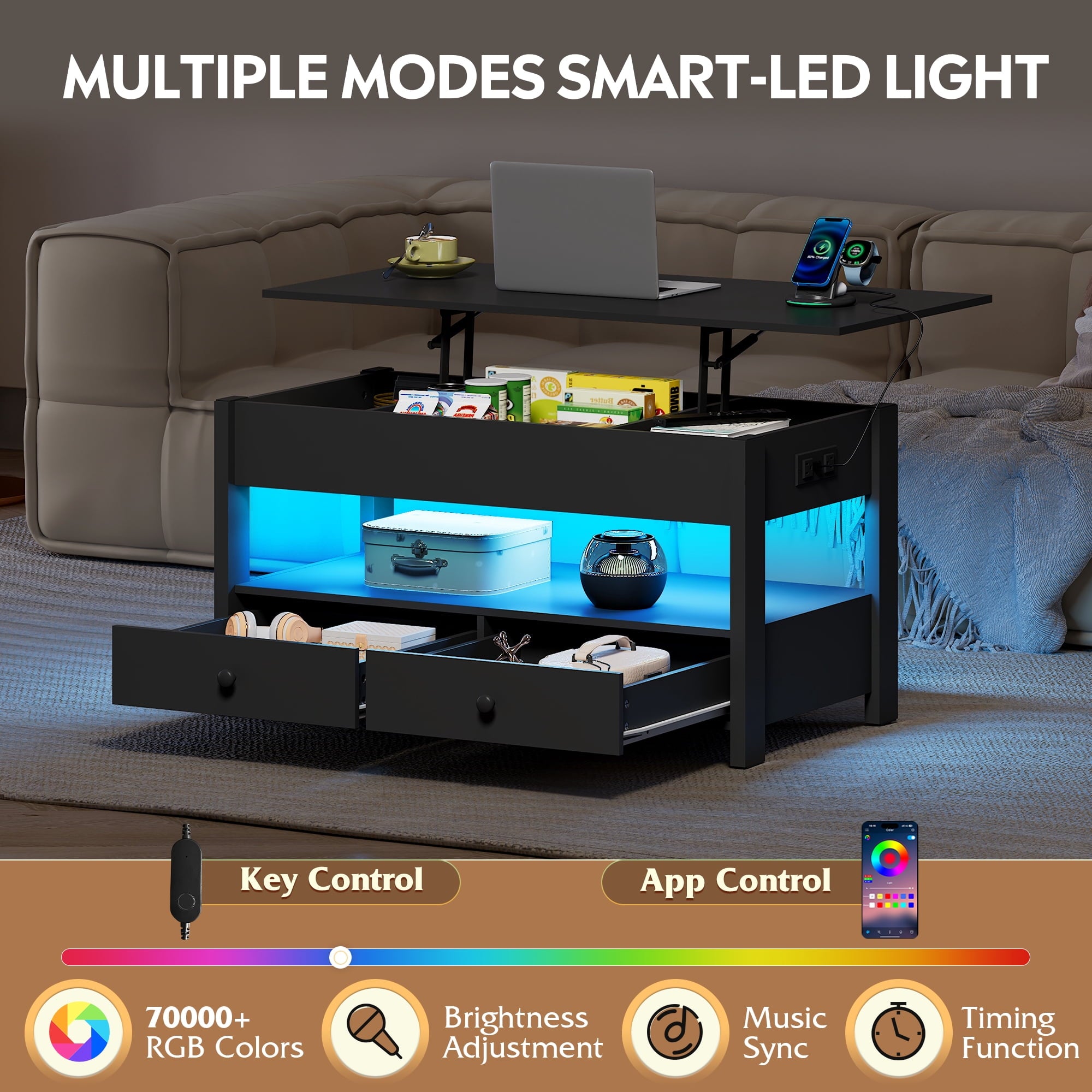 GALAXHERO Lift Top Coffee Table for Living Room Table with 2 Drawers & LED Light & Large Storage and Open Shelf