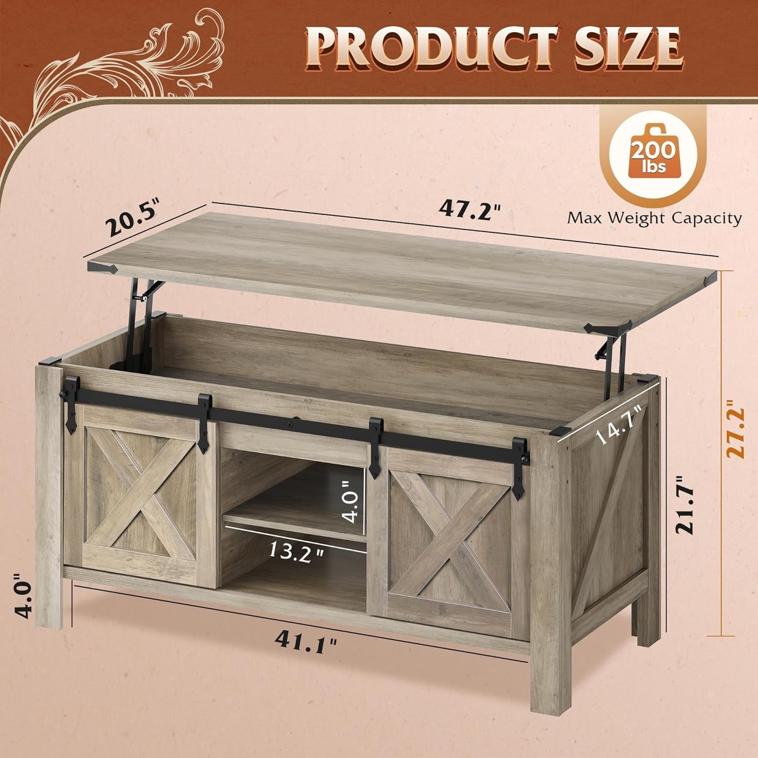 GALAXHERO 47.3" Farmhouse Lift Top Coffee Table with Sliding Barn Doors, Large Hidden Storage Compartment and Adjustable Shelf for Living Room, Office