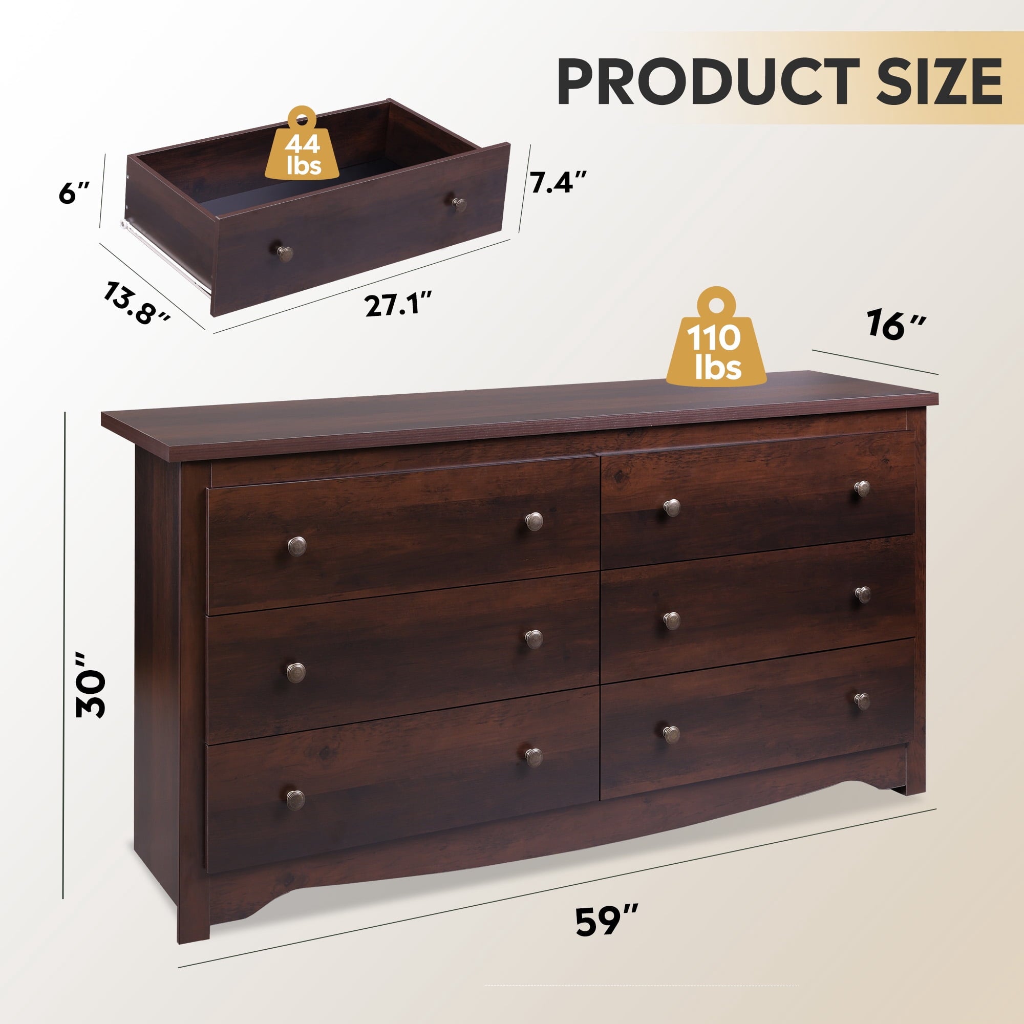 GALAXHERO Modern Wood Dresser with 6 Drawers – Wide Storage Chest for Bedroom, Living Roomloset, Hallway – Large Organizer Nightstand Unit, 59”W